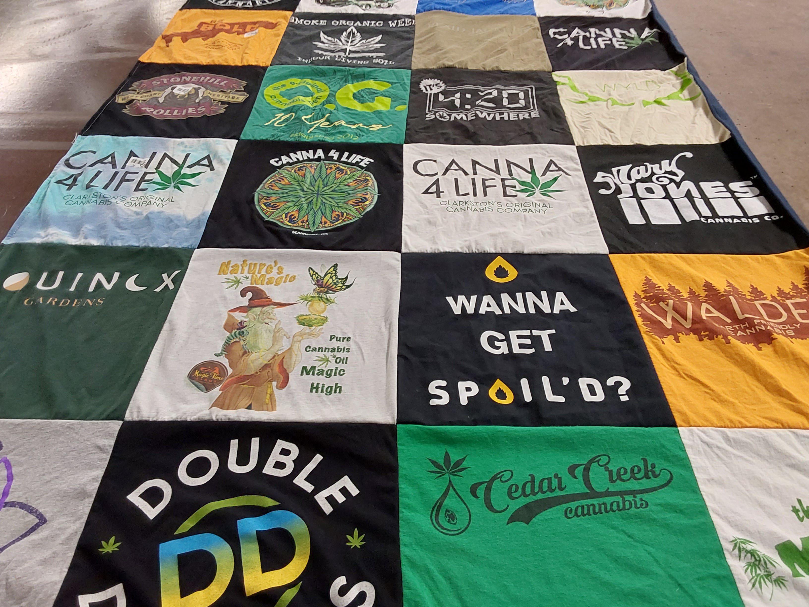 T-shirt quilt with cannabis, gardening themes by Dean from ID