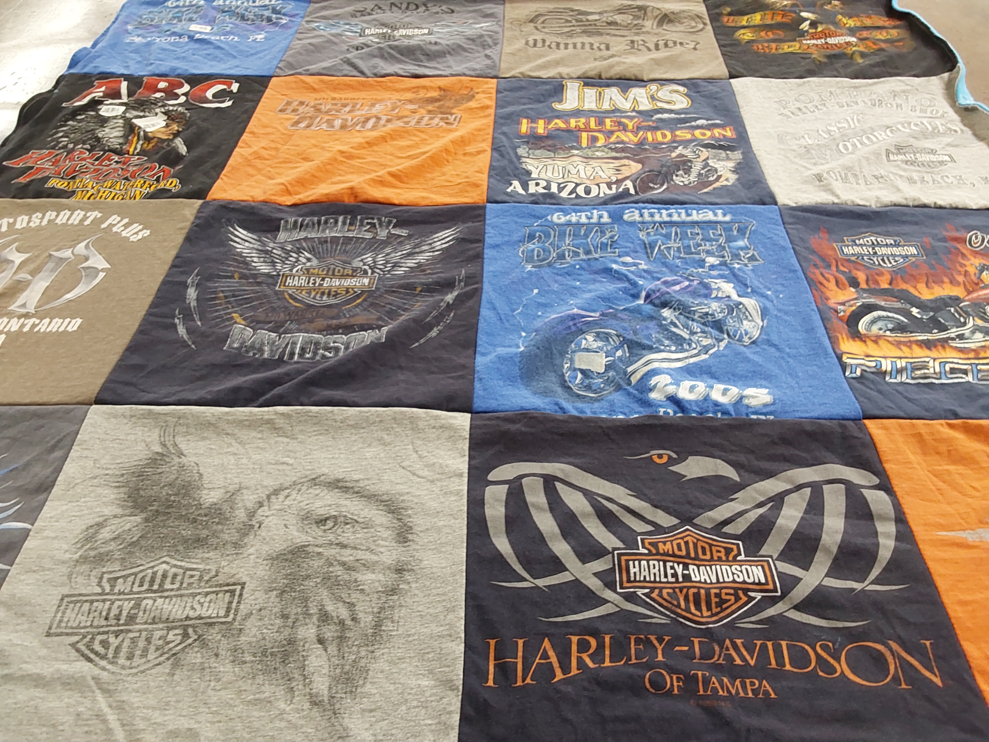 T-shirt quilt with motorcycles, biking themes by Martha from MI