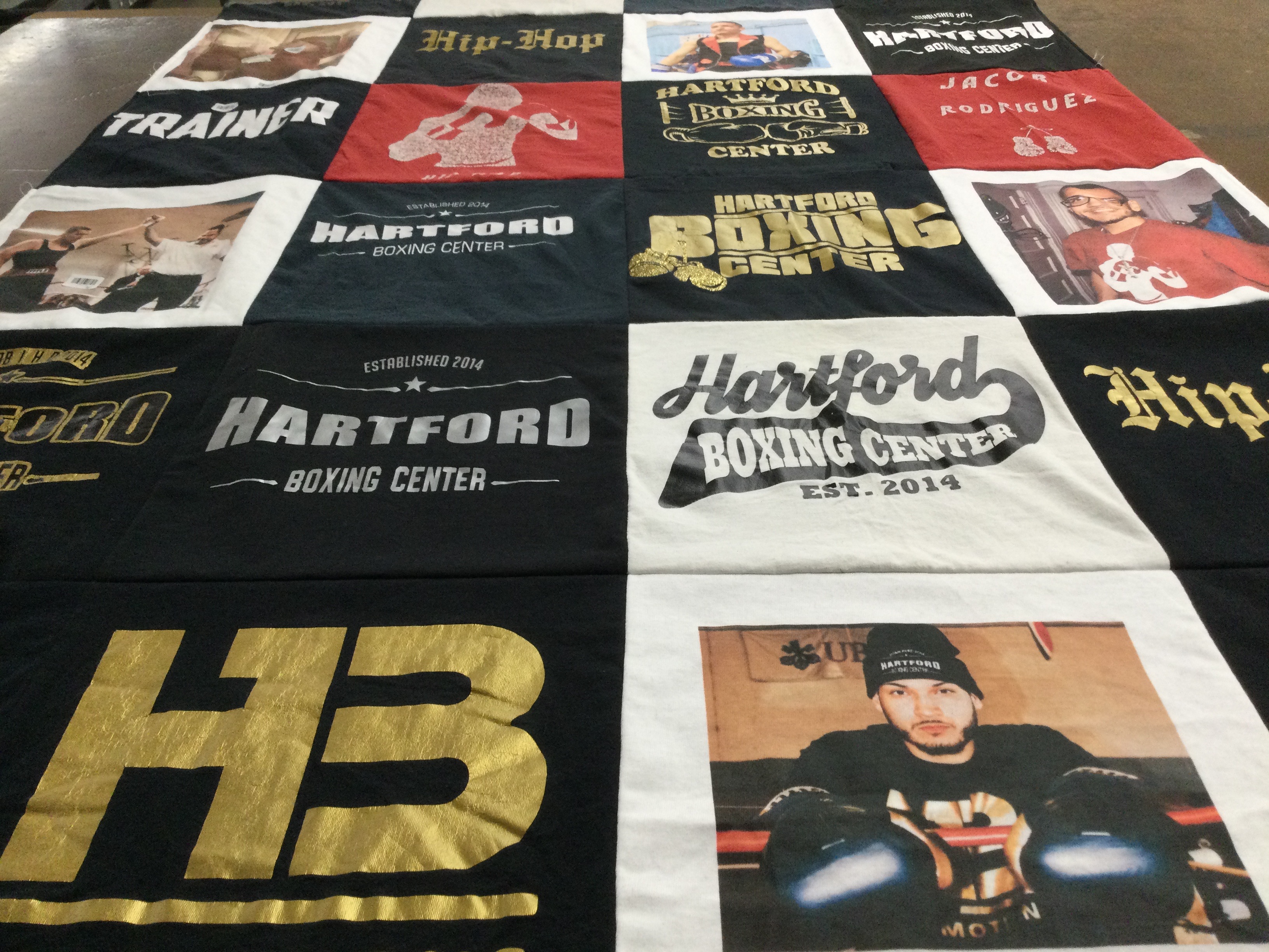 T-shirt quilt with boxing, fitness themes by Kerrin from CT