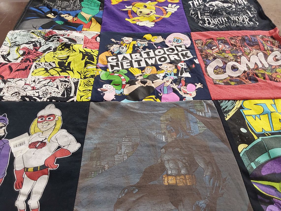 T-shirt quilt with comics, cartoons themes by Jessica from MI
