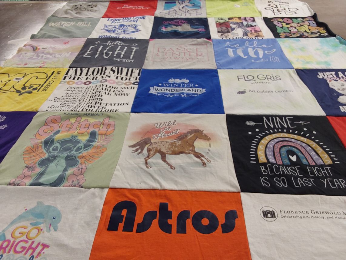 T-shirt quilt with music, art themes by Kimball from CT