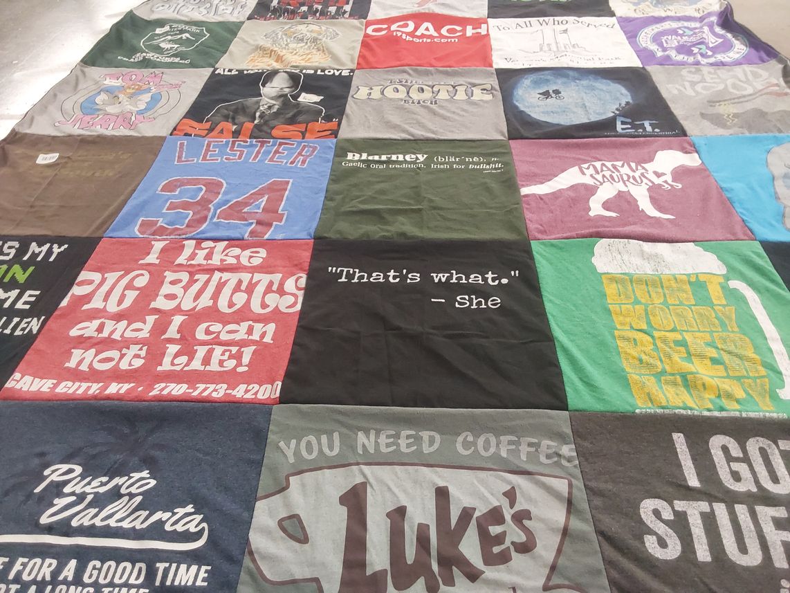 T-shirt quilt with humor, food themes by Courtney from CO