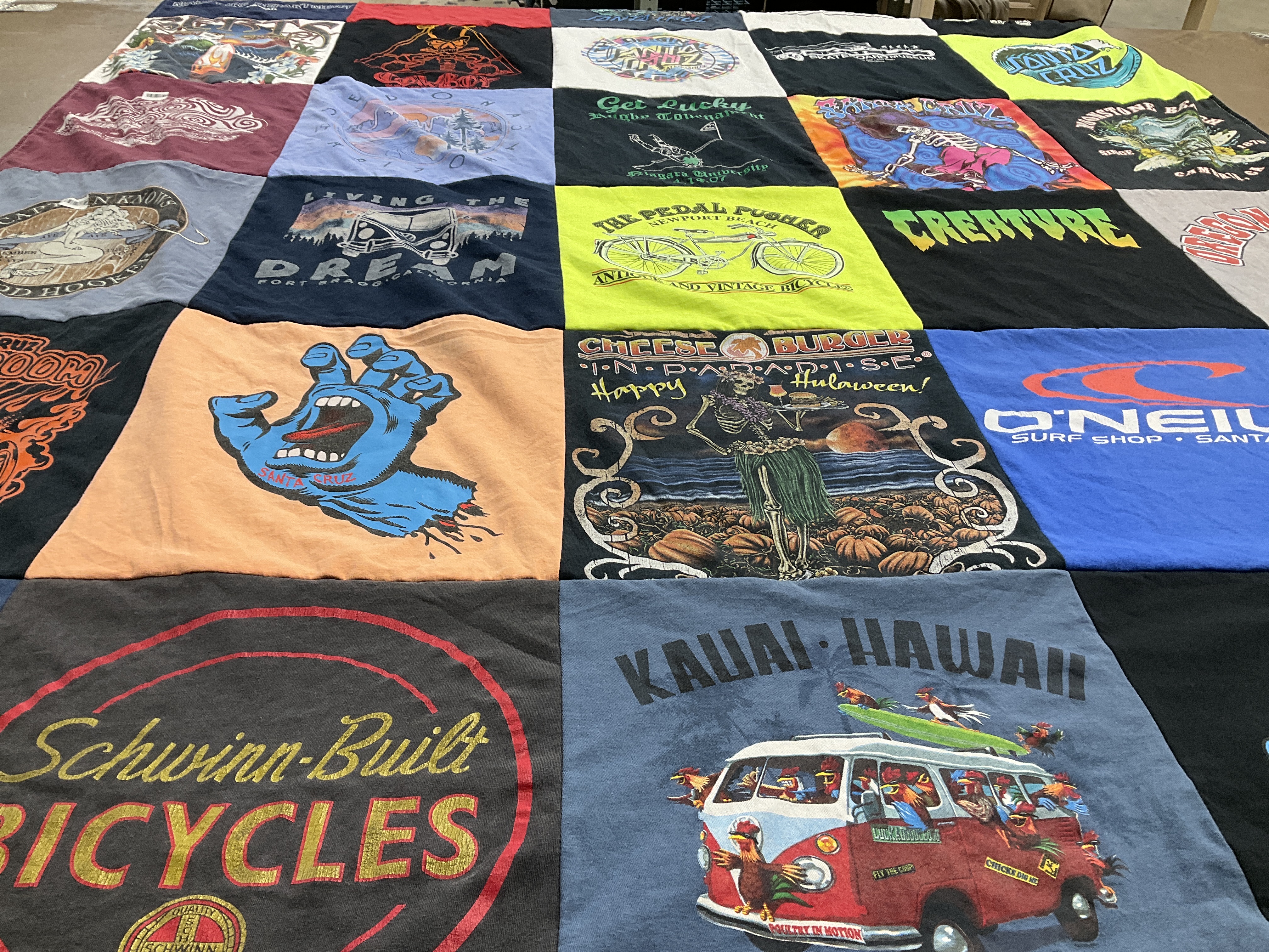 T-shirt quilt with surfing, bicycling themes by Gary from OR