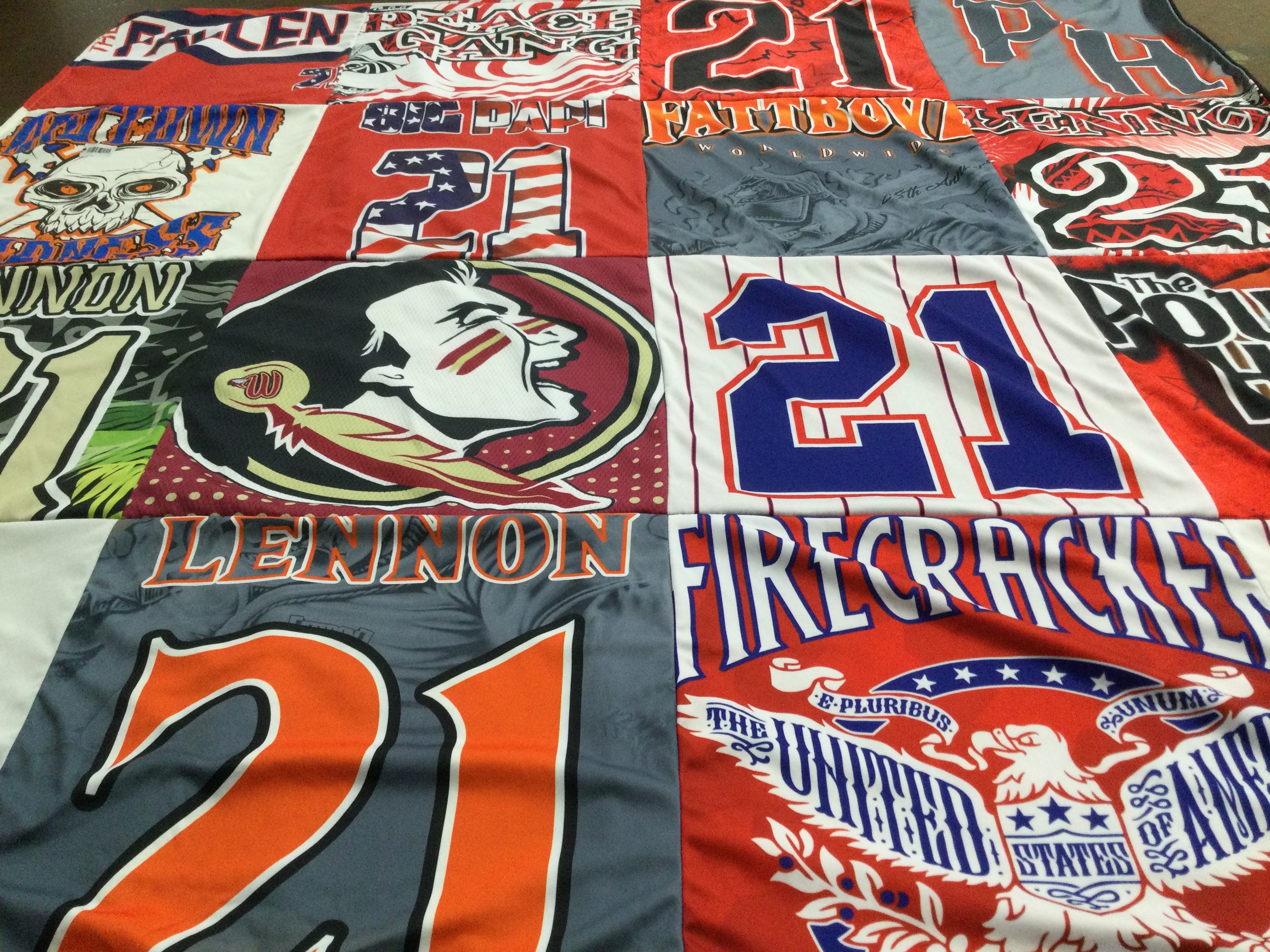 T-shirt quilt with sports, music themes by Sara from KY