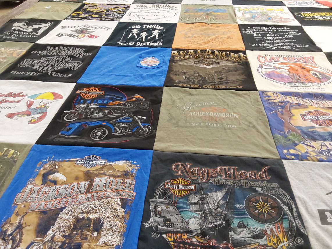 T-shirt quilt with motorcycles, biking themes by Ina from TX