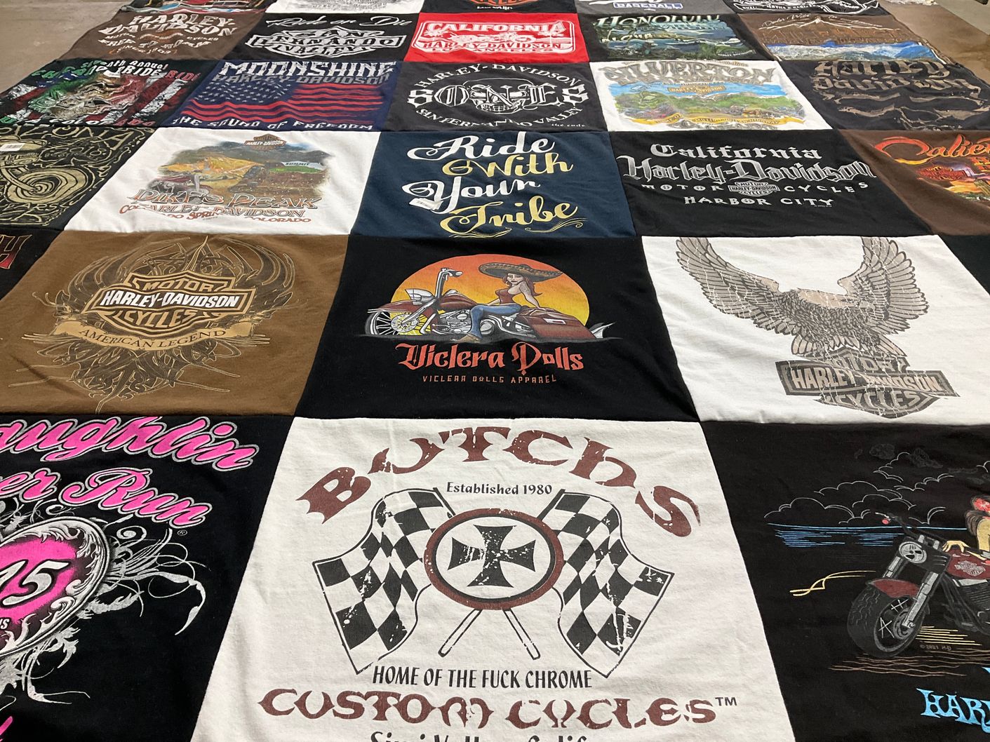 T-shirt quilt with motorcycles, biking themes by Lillian from CO