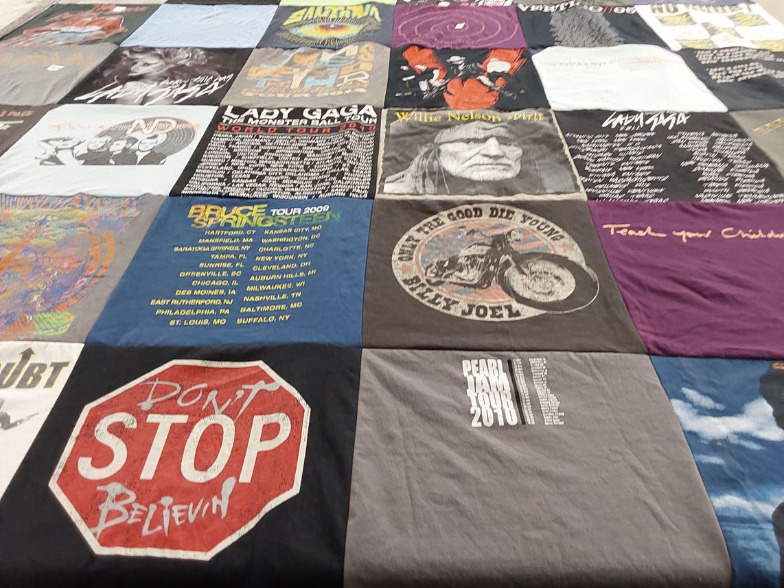 T-shirt quilt with music, concerts themes by Jen from OH