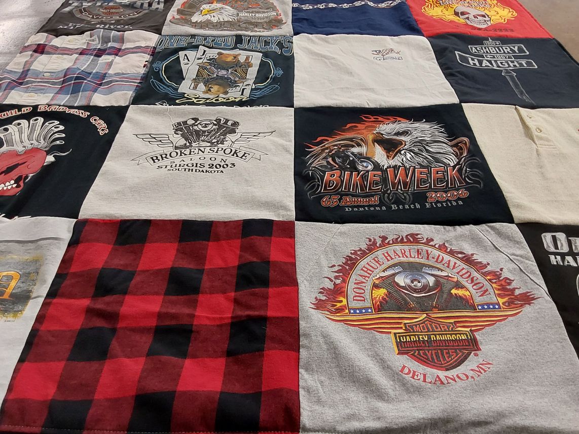 T-shirt quilt with motorcycles, biking themes by Kelli from MN