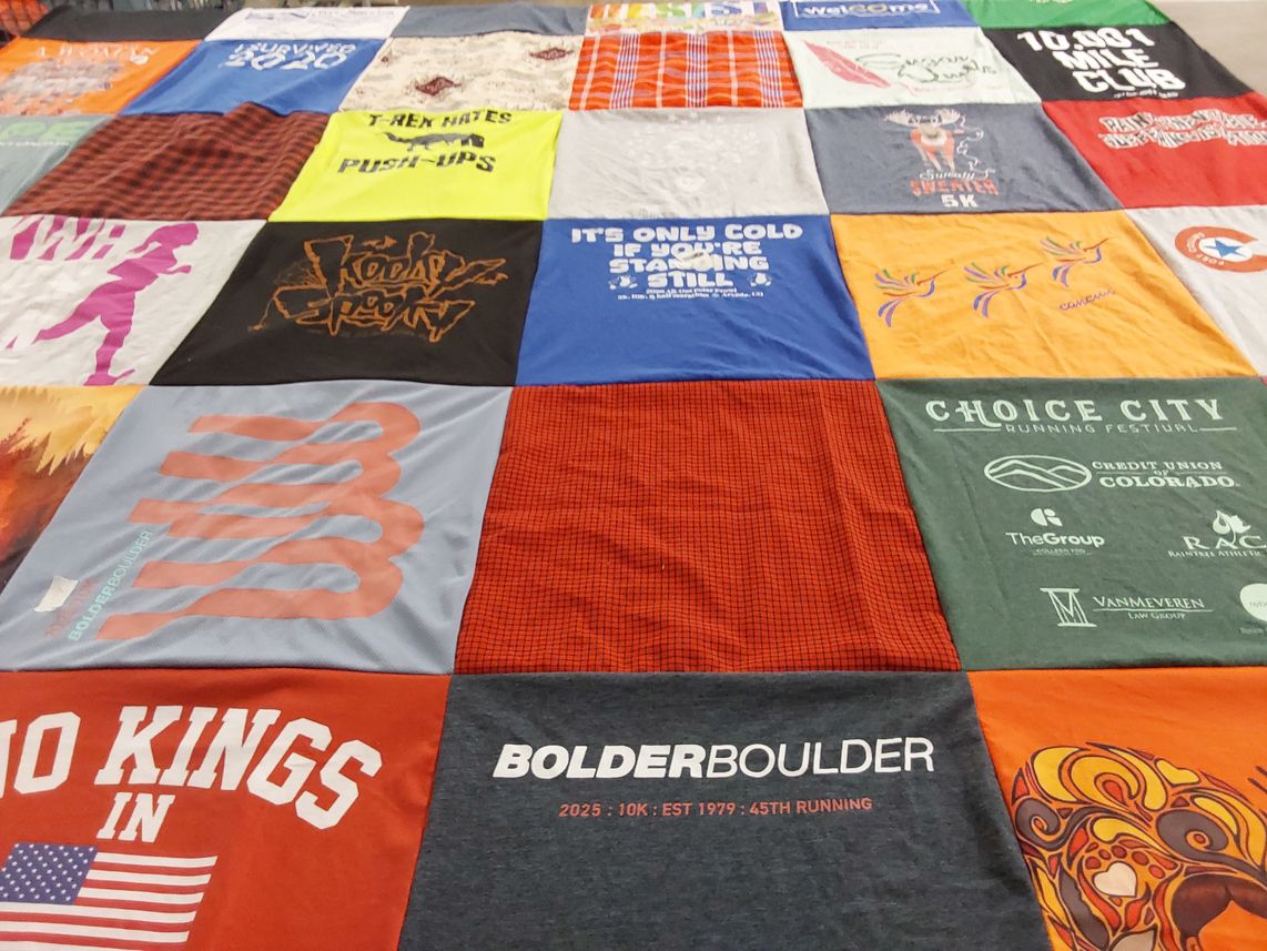 T-shirt quilt with running, fitness themes by Terry from CO