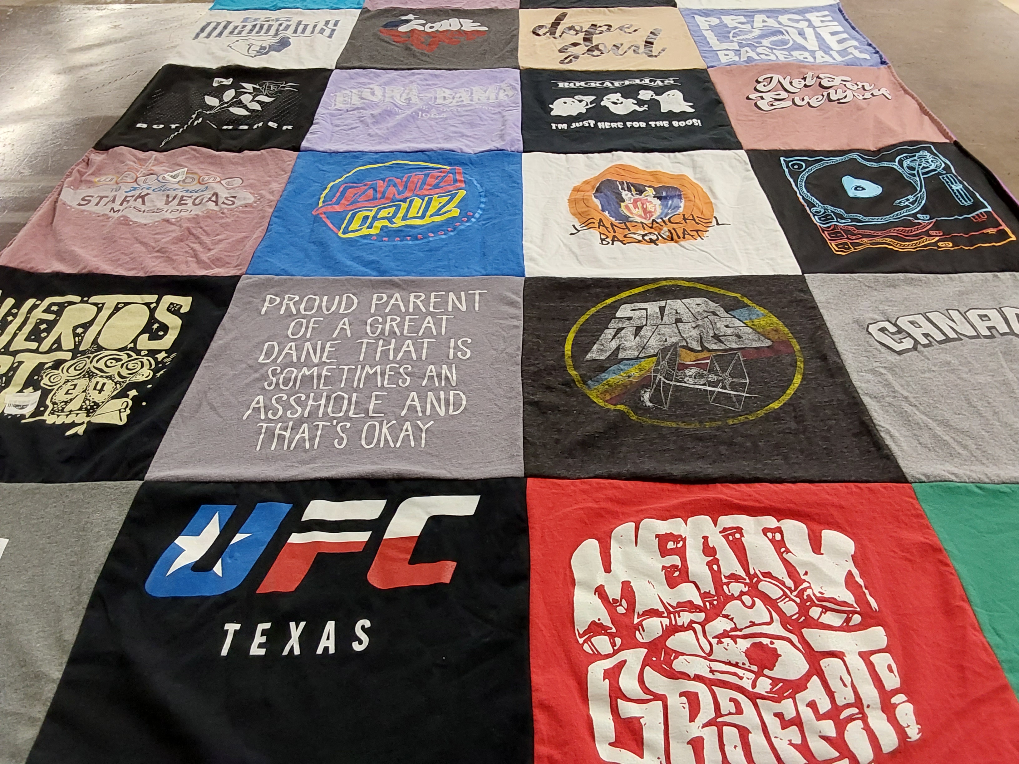 T-shirt quilt with dogs, parenting themes by Leslie from TN