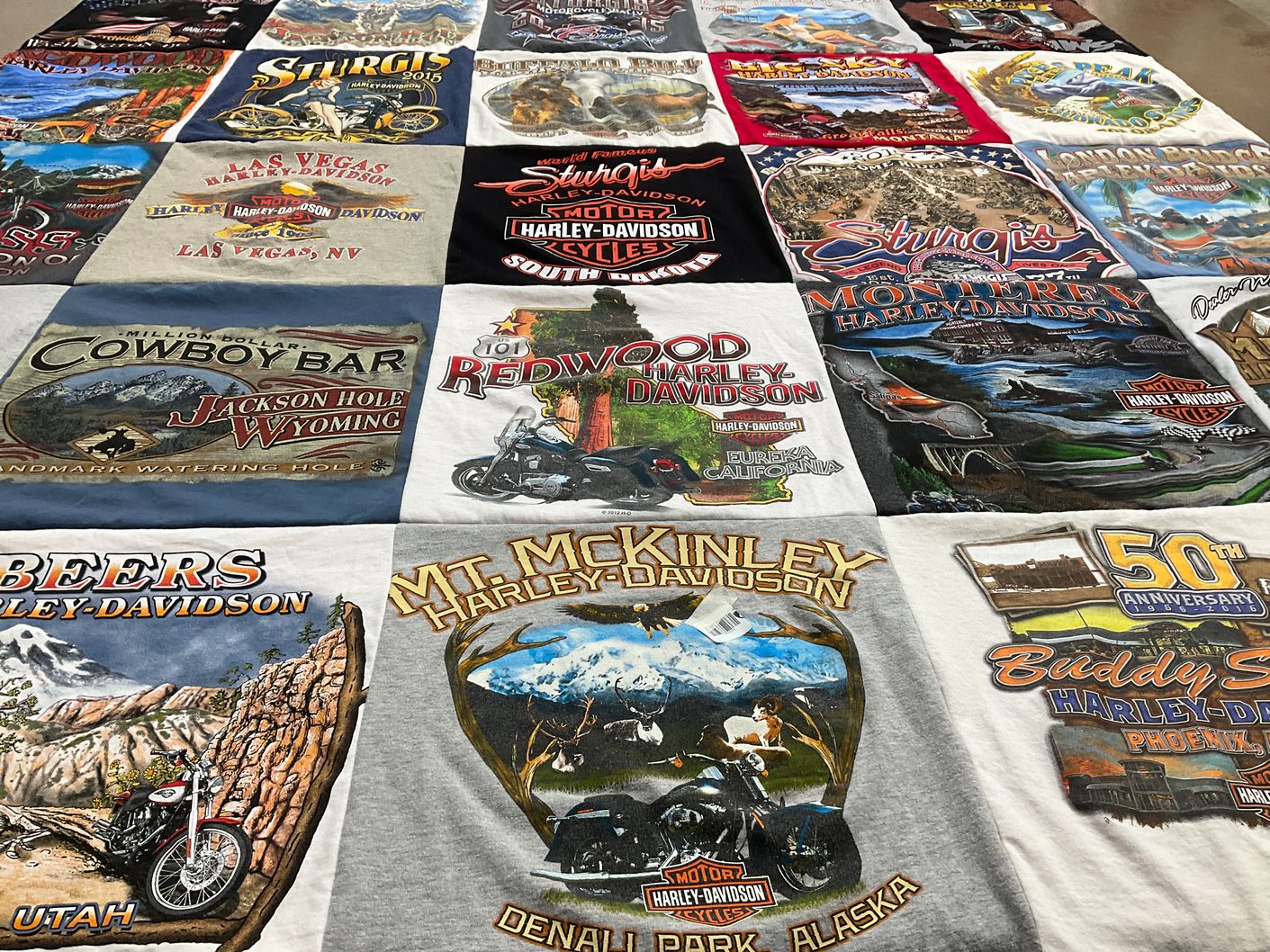 T-shirt quilt with motorcycling, travel themes by Steven from CA