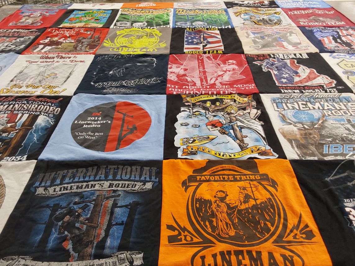 T-shirt quilt with linemen, rodeo themes by Sara from IL
