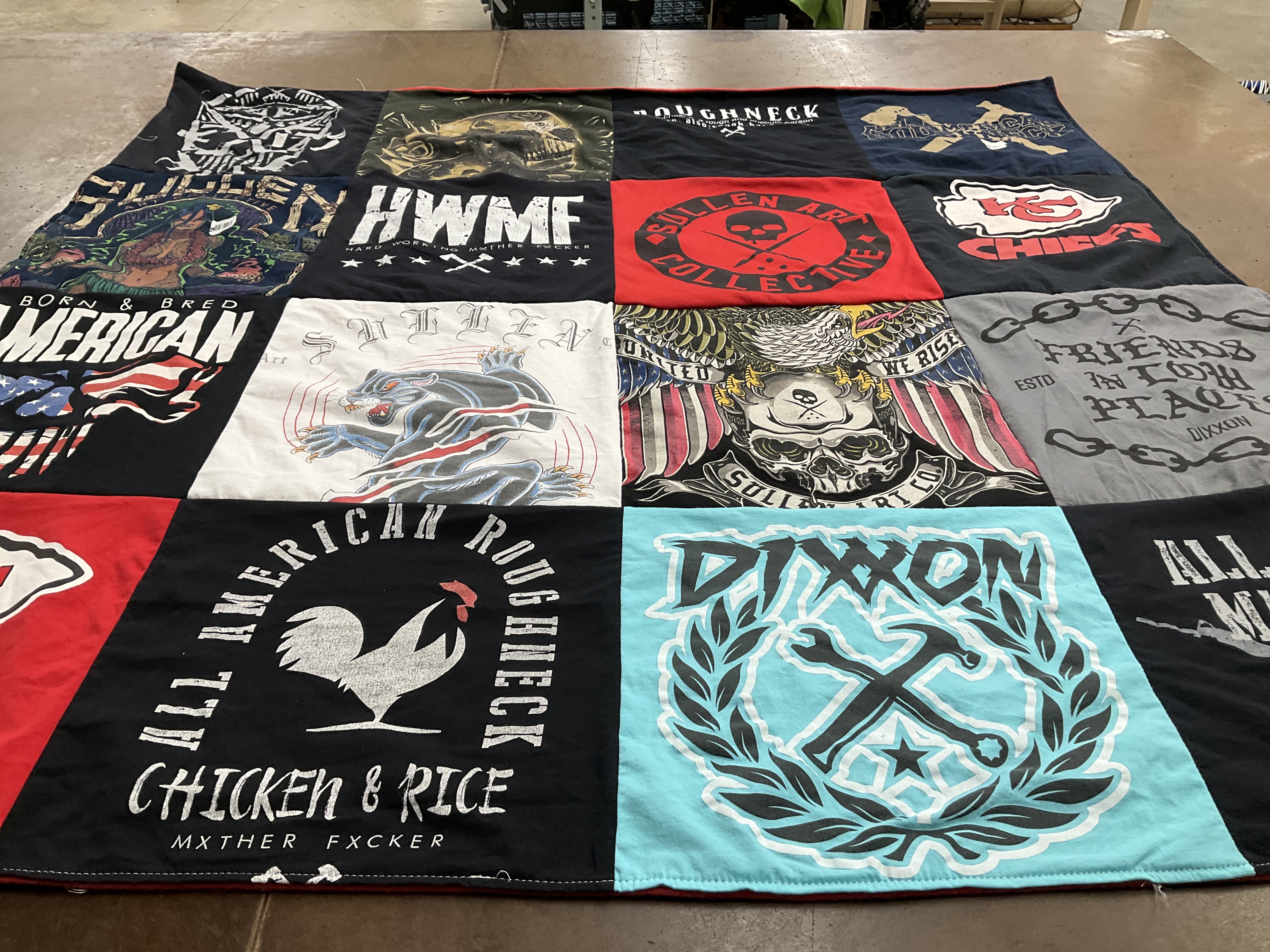 T-shirt quilt with tattoos, art themes by Anthony from CA