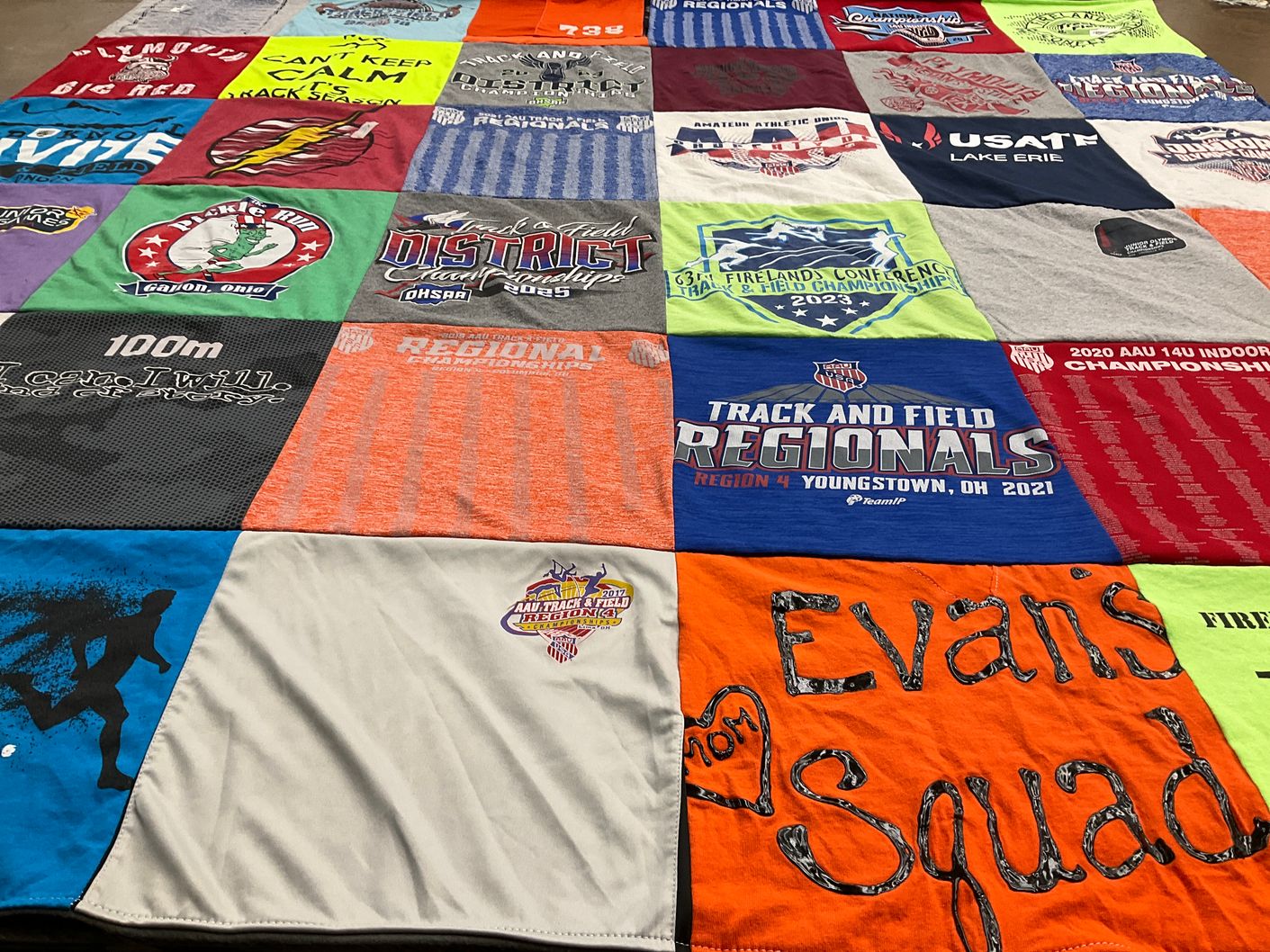 T-shirt quilt with track and field, athletics themes by Andrea from OH