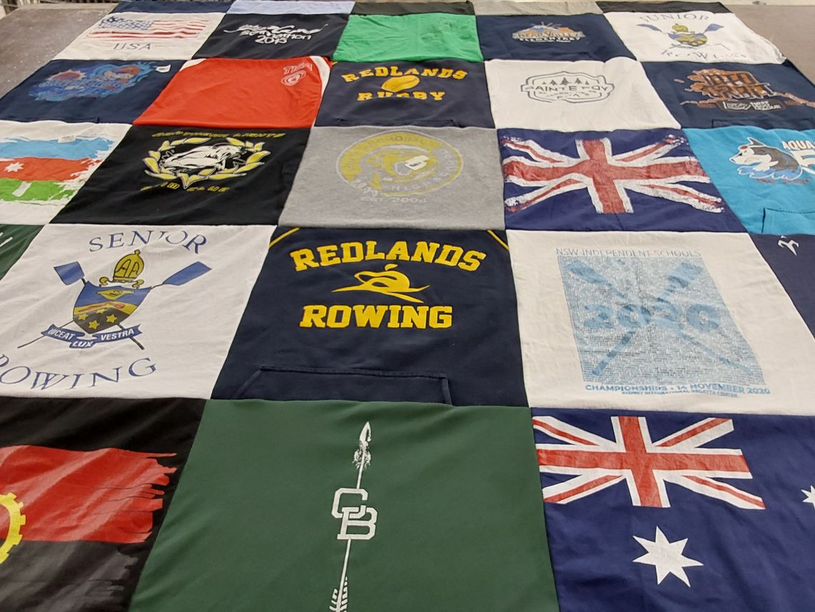 T-shirt quilt featuring redlands rowing team by Ena from AK