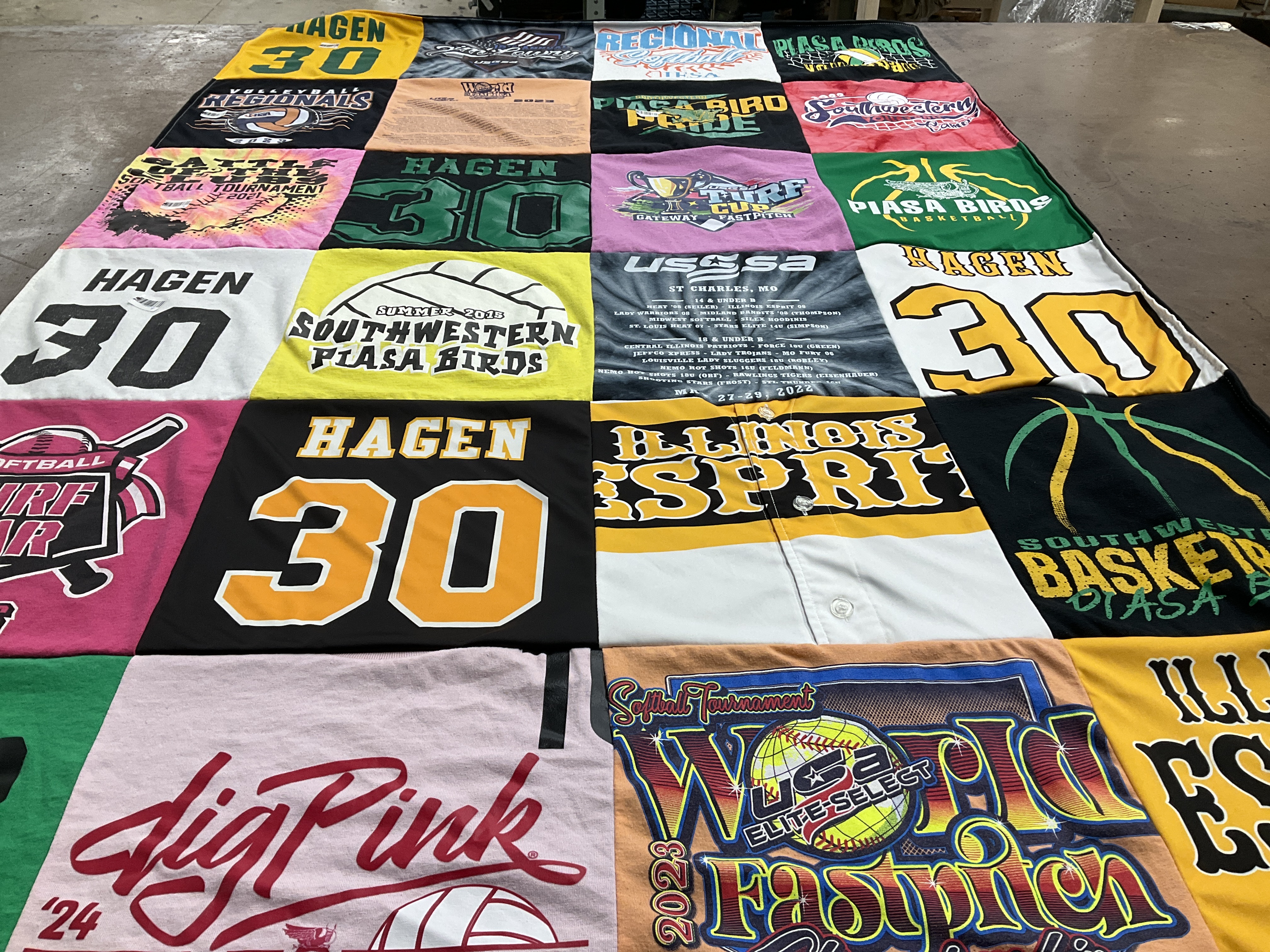 T-shirt quilt with sports, softball themes by Bryan from IL