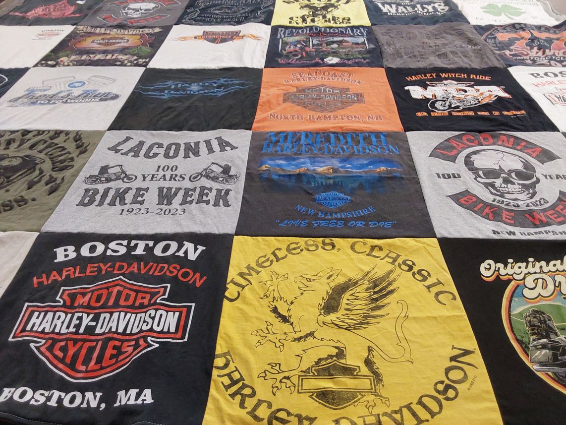 T-shirt quilt with motorcycling, harley davidson themes by Sarah from MA