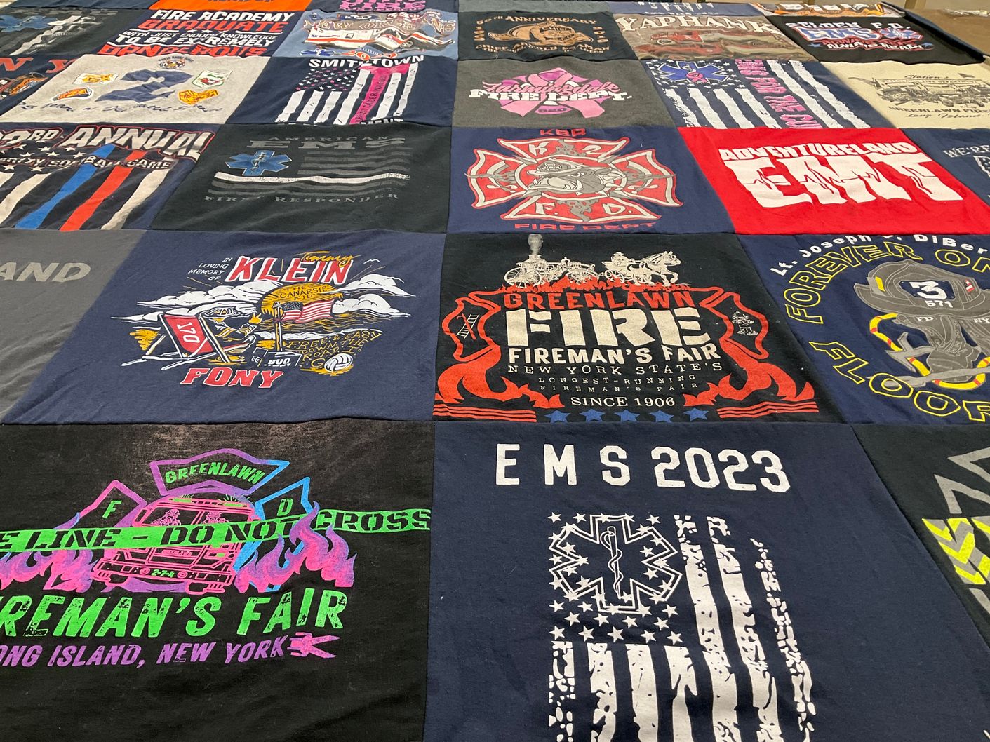 T-shirt quilt with emergency services, firefighting themes by Olivia from NY