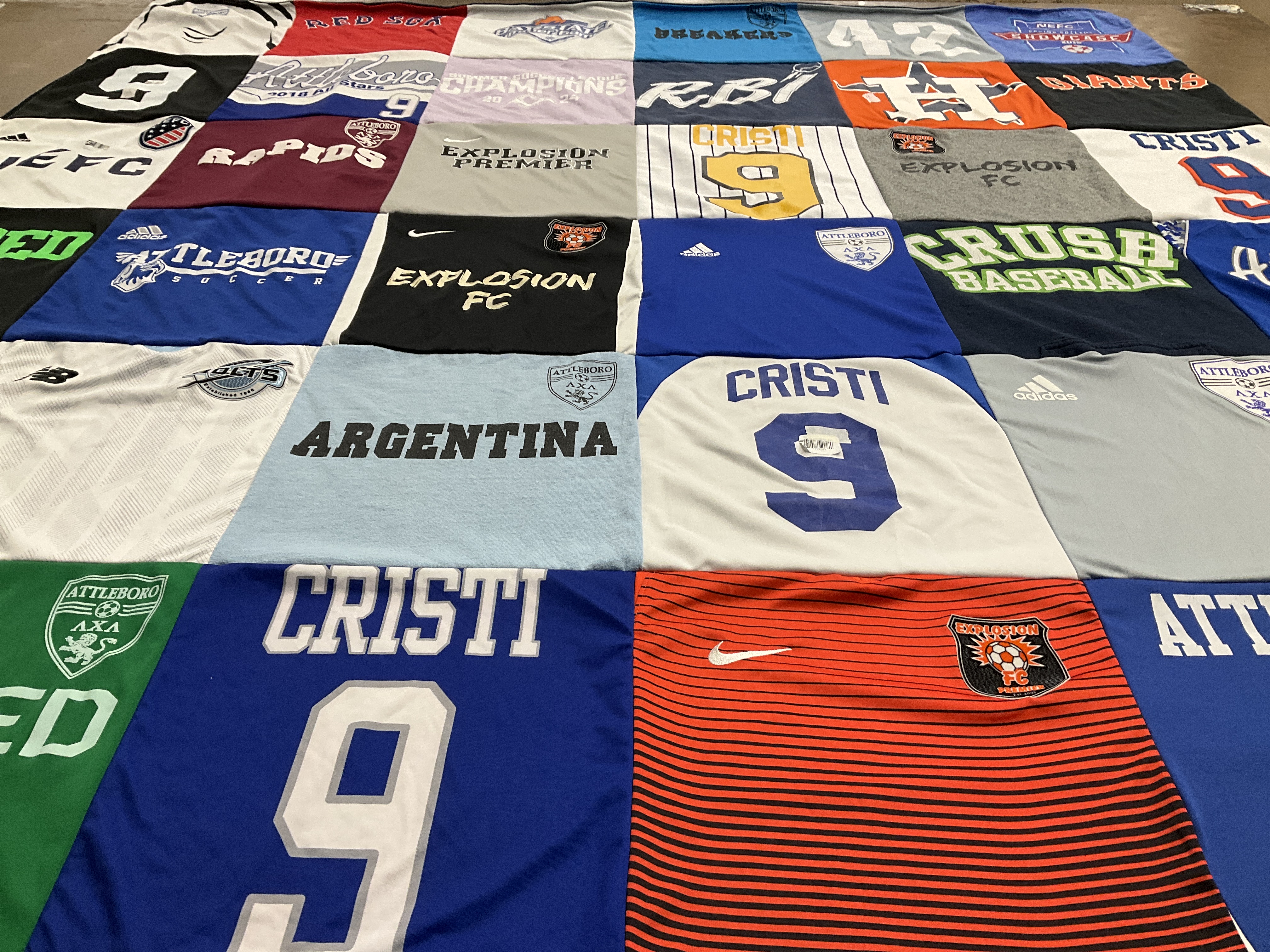 T-shirt quilt featuring soccer teams, baseball teams by Jessica from MA
