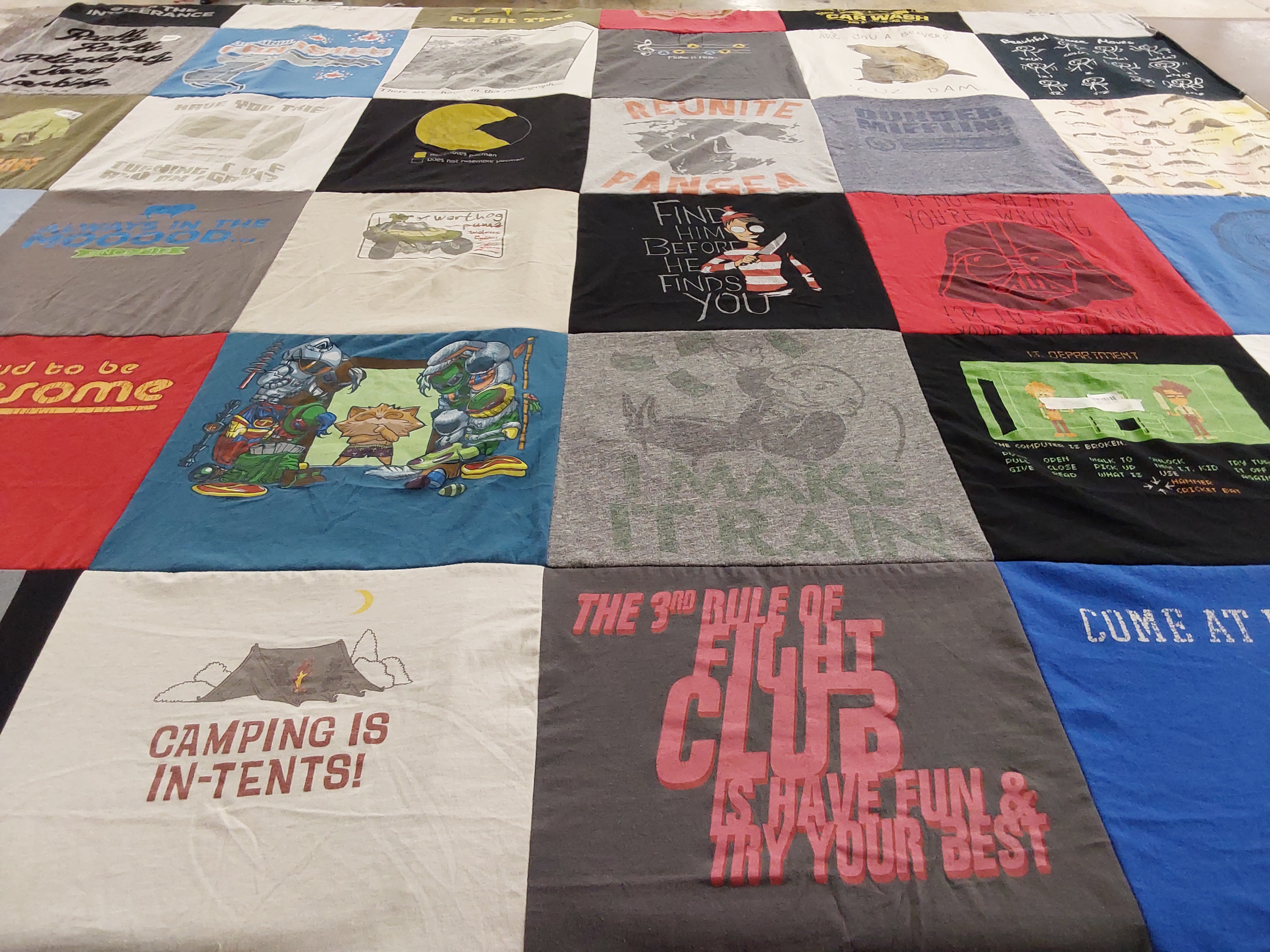 T-shirt quilt with camping, video games themes by Dana from CA