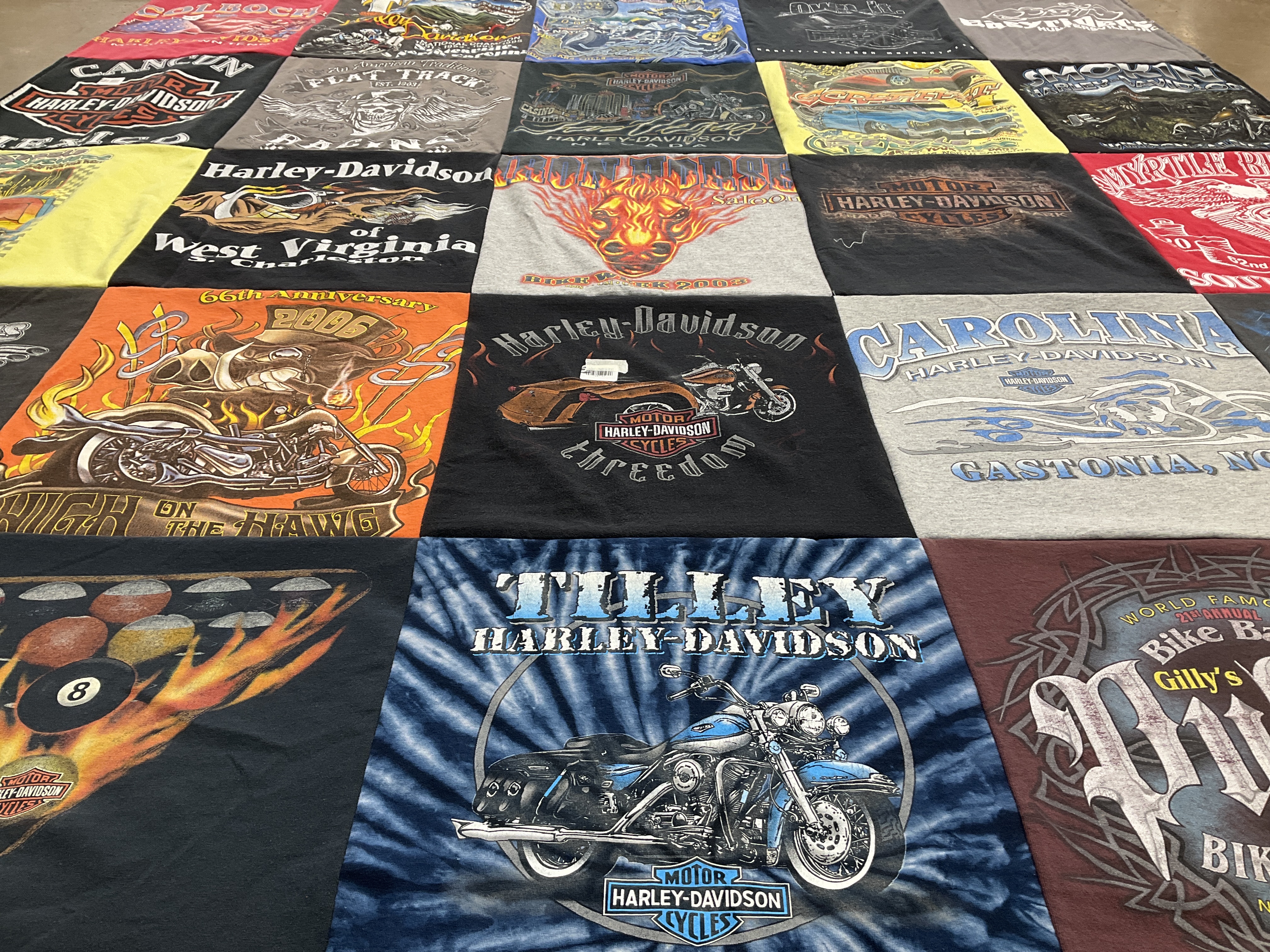 T-shirt quilt with motorcycles, billiards themes by Mary from NC