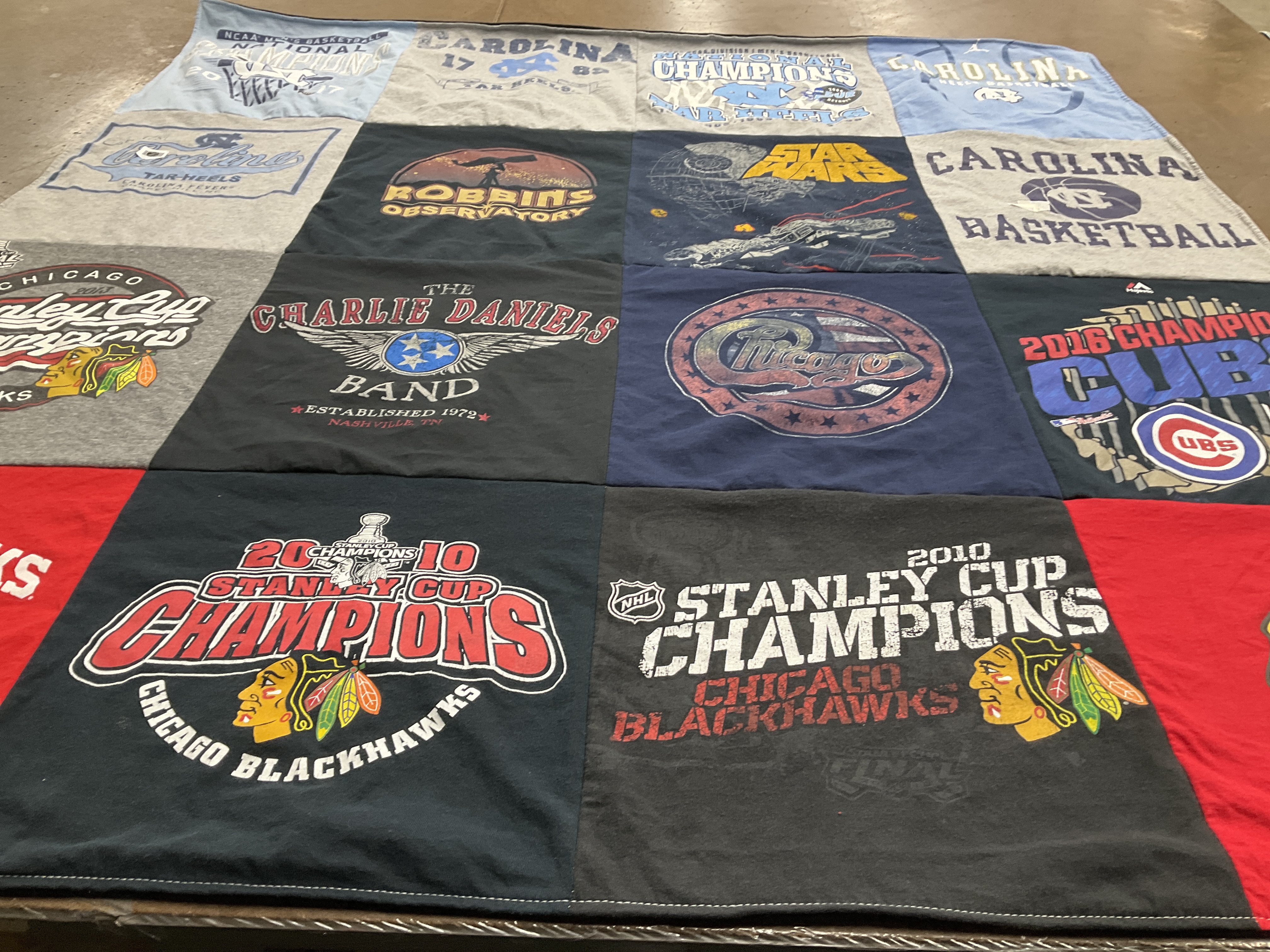 T-shirt quilt featuring chicago blackhawks, university of north carolina tar heels by Grace from SC