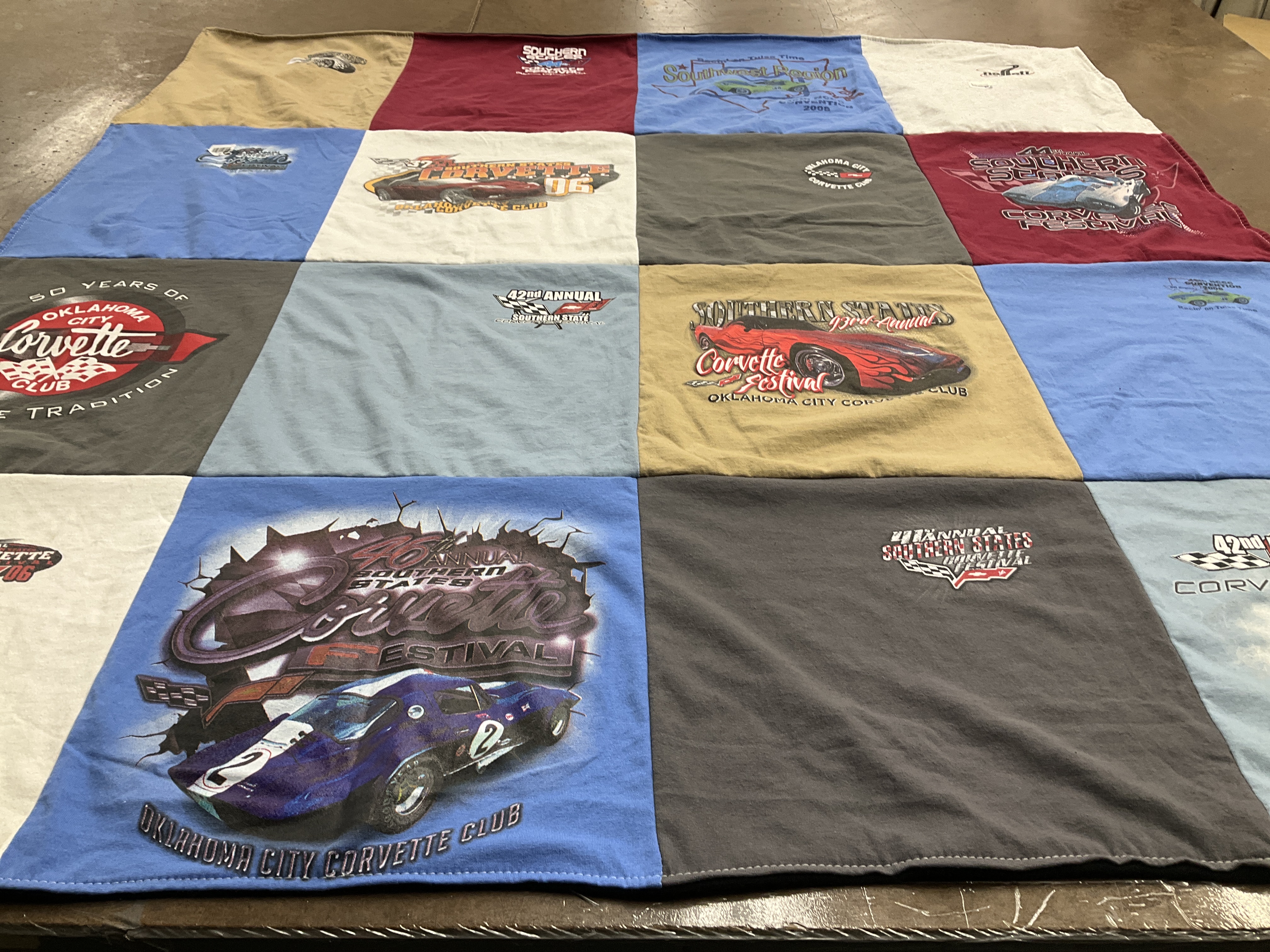 T-shirt quilt with corvettes, car shows themes by Toni from VA