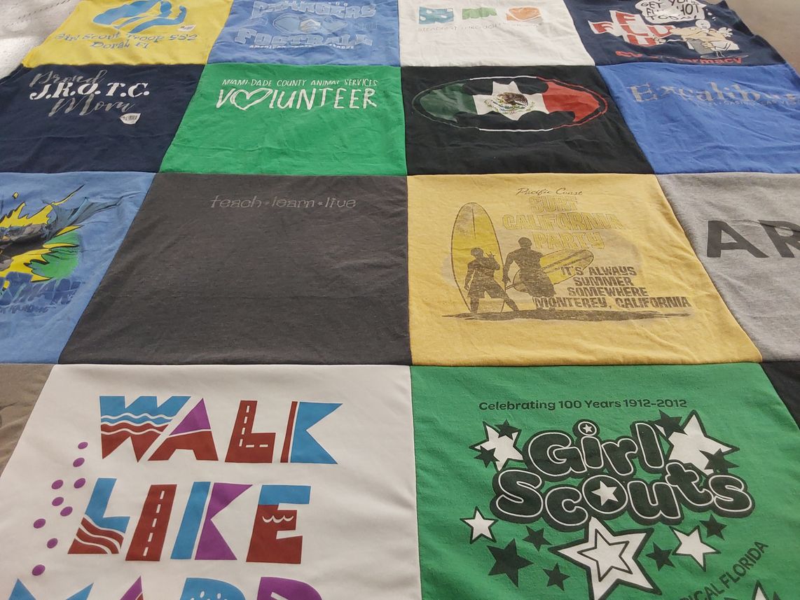 T-shirt quilt with community service, scouting themes by Angela from FL
