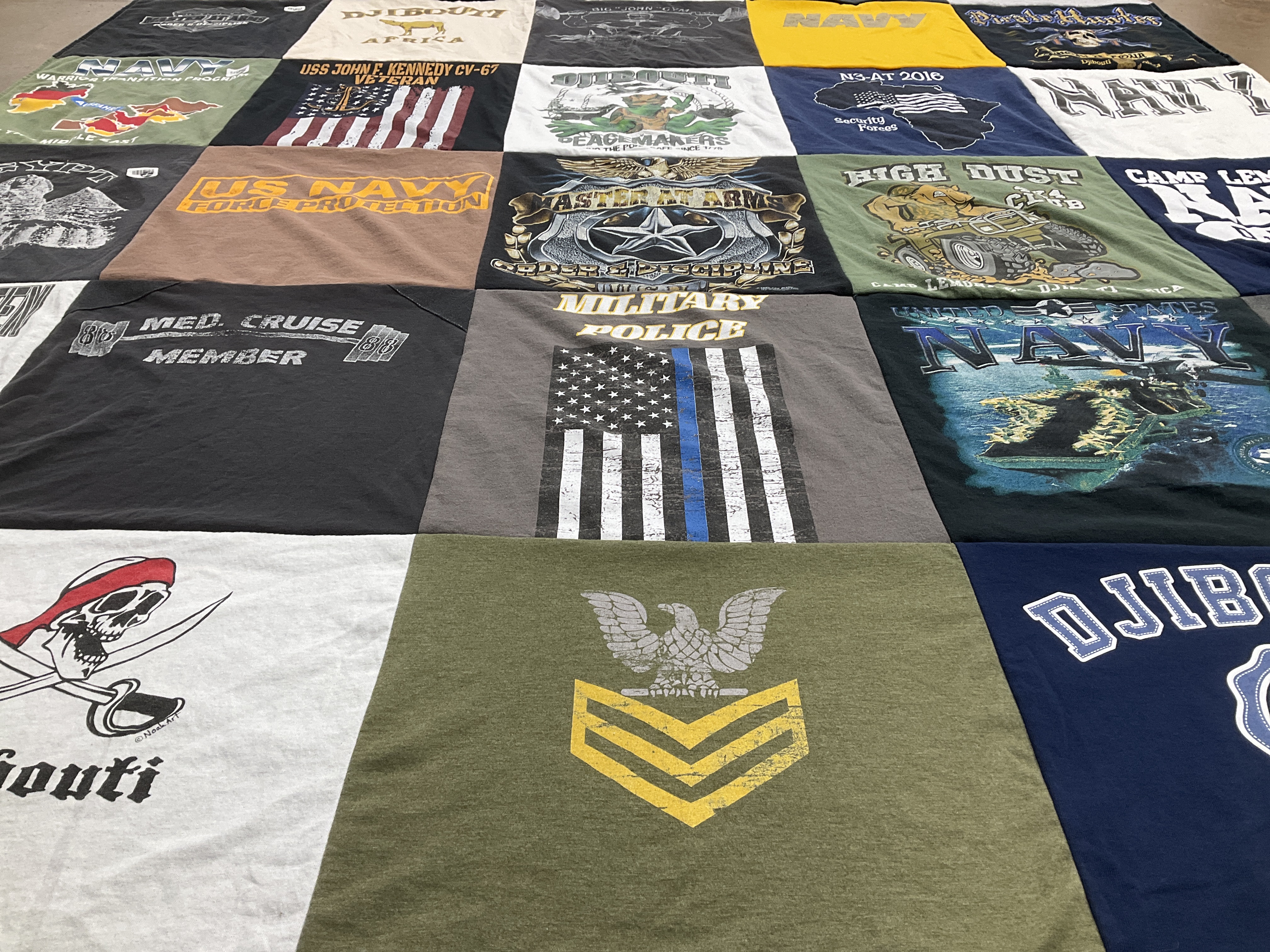 T-shirt quilt with military service, naval history themes by Kim from FL