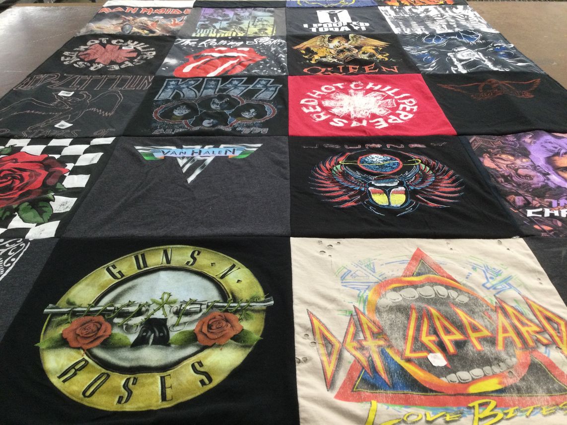 T-shirt quilt with rock music, concerts themes by Michelle from MA
