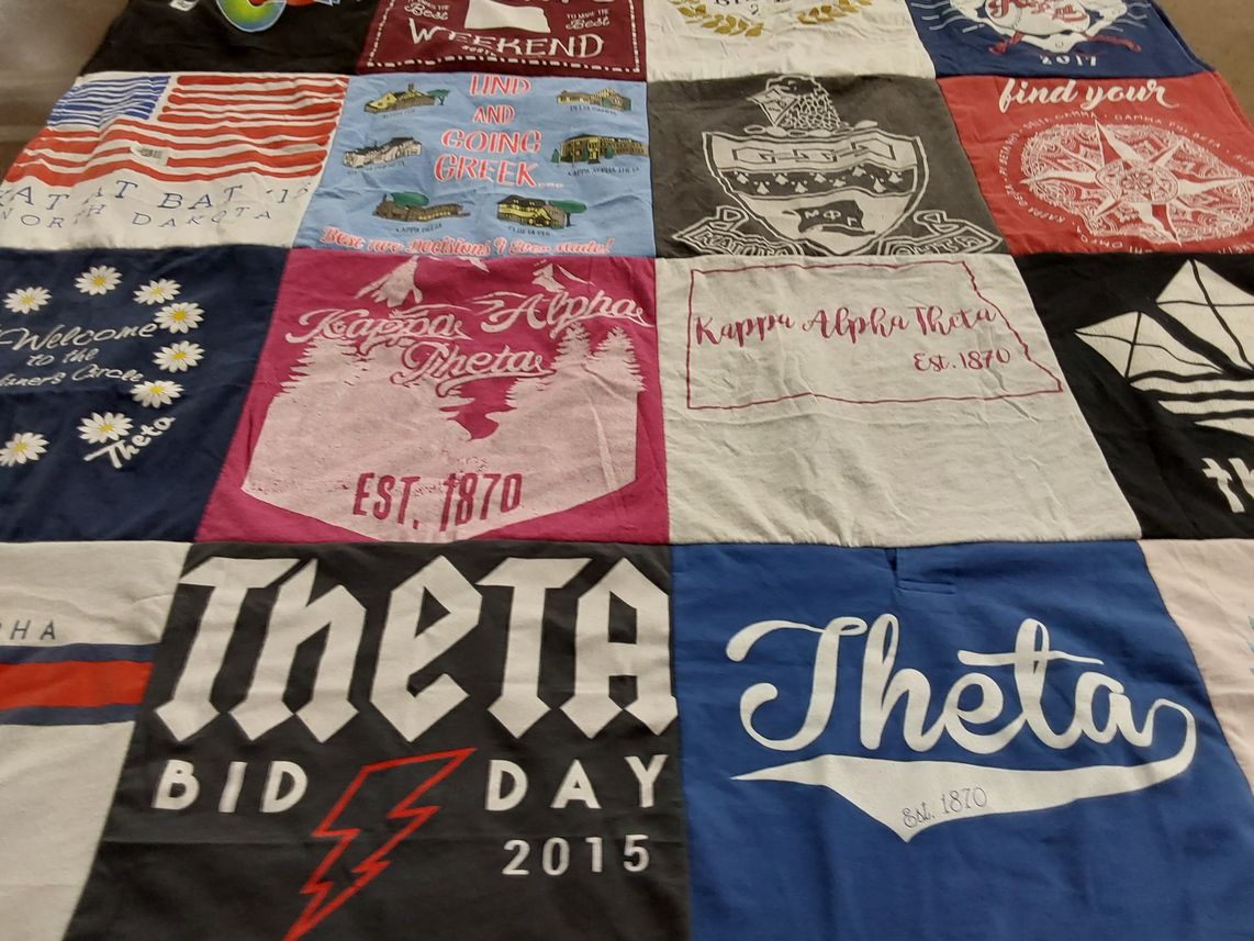 T-shirt quilt with sororities, greek life themes by Glenda from OR