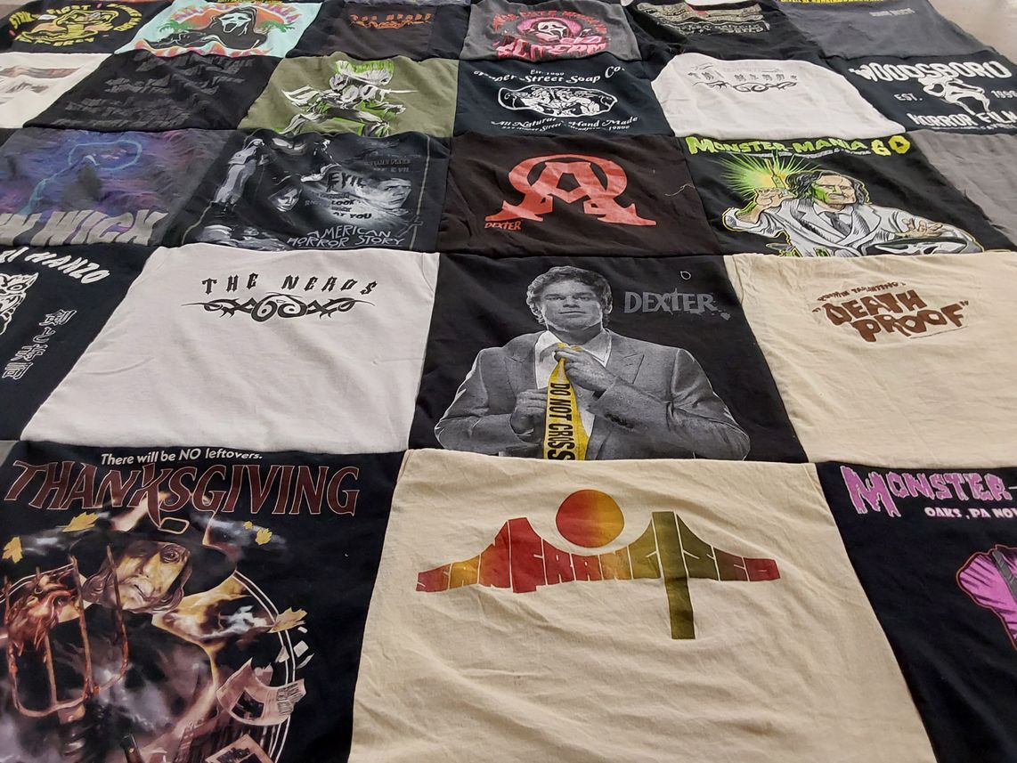 T-shirt quilt with horror films, tv series themes by Regina from NJ