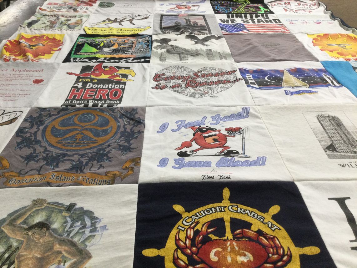 T-shirt quilt with blood donation, community service themes by Deborah from CA