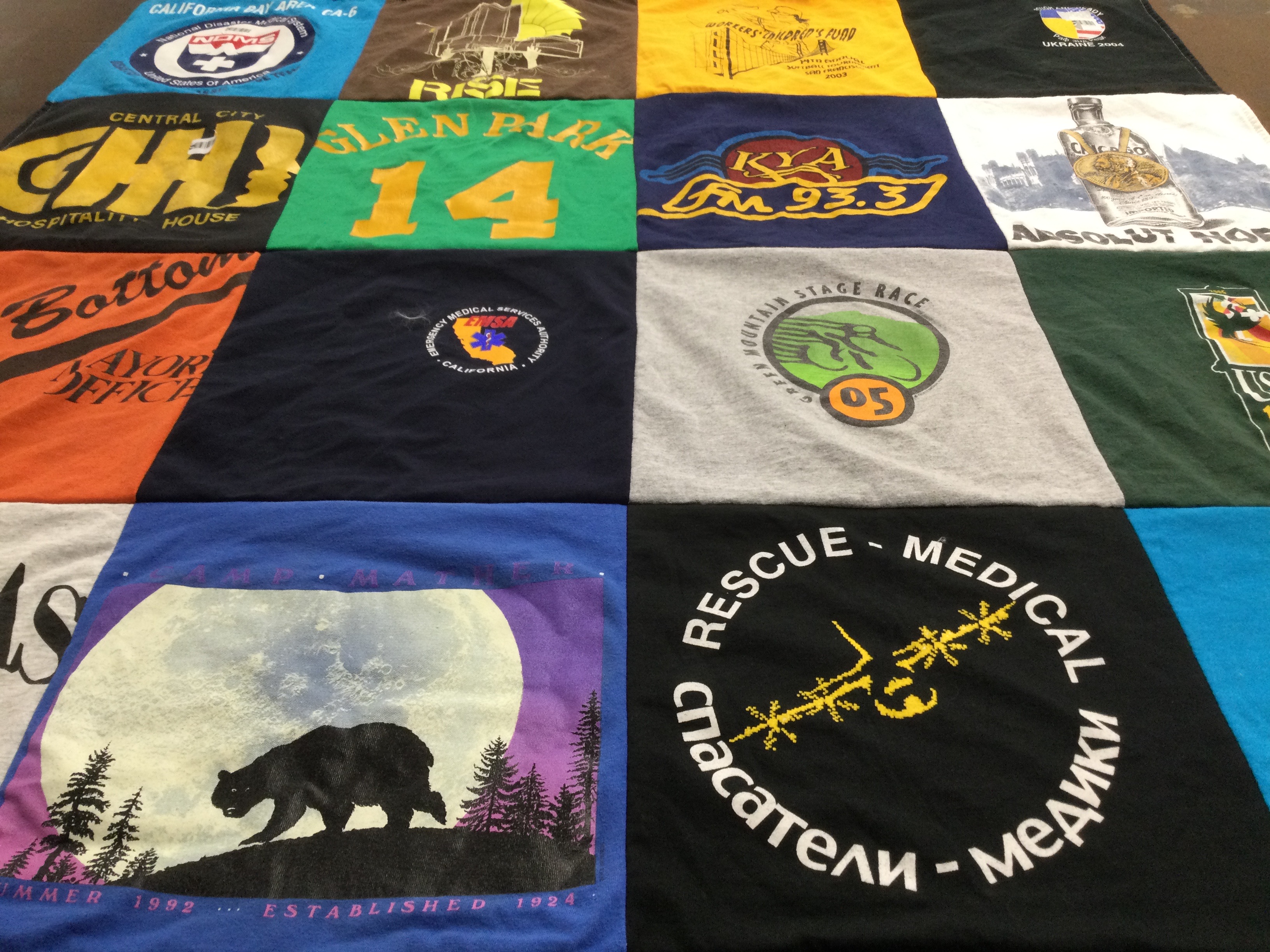 T-shirt quilt with medical services, outdoor activities themes by Lauren from CA