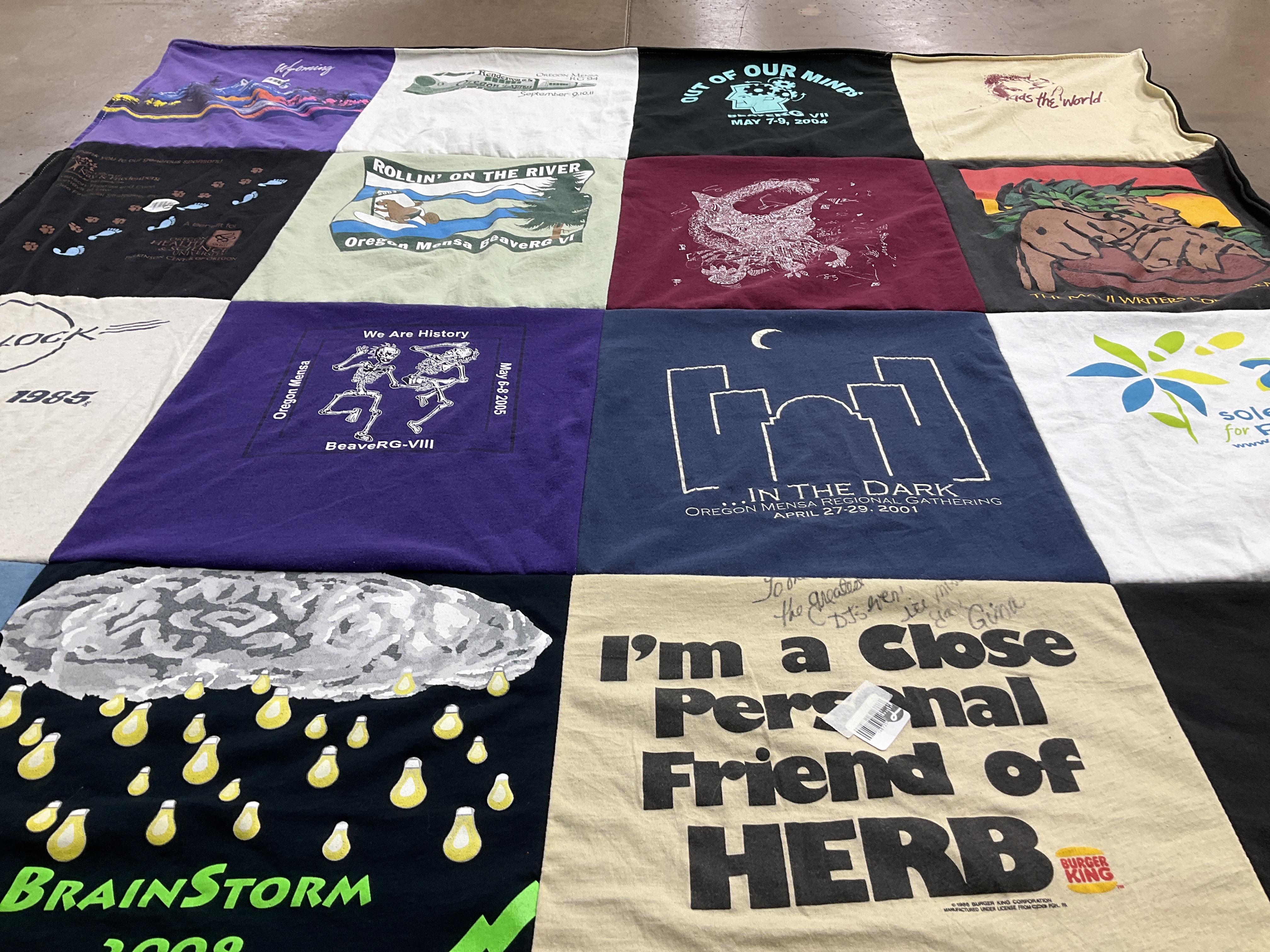 T-shirt quilt with mensa, gathering themes by Donna from OR
