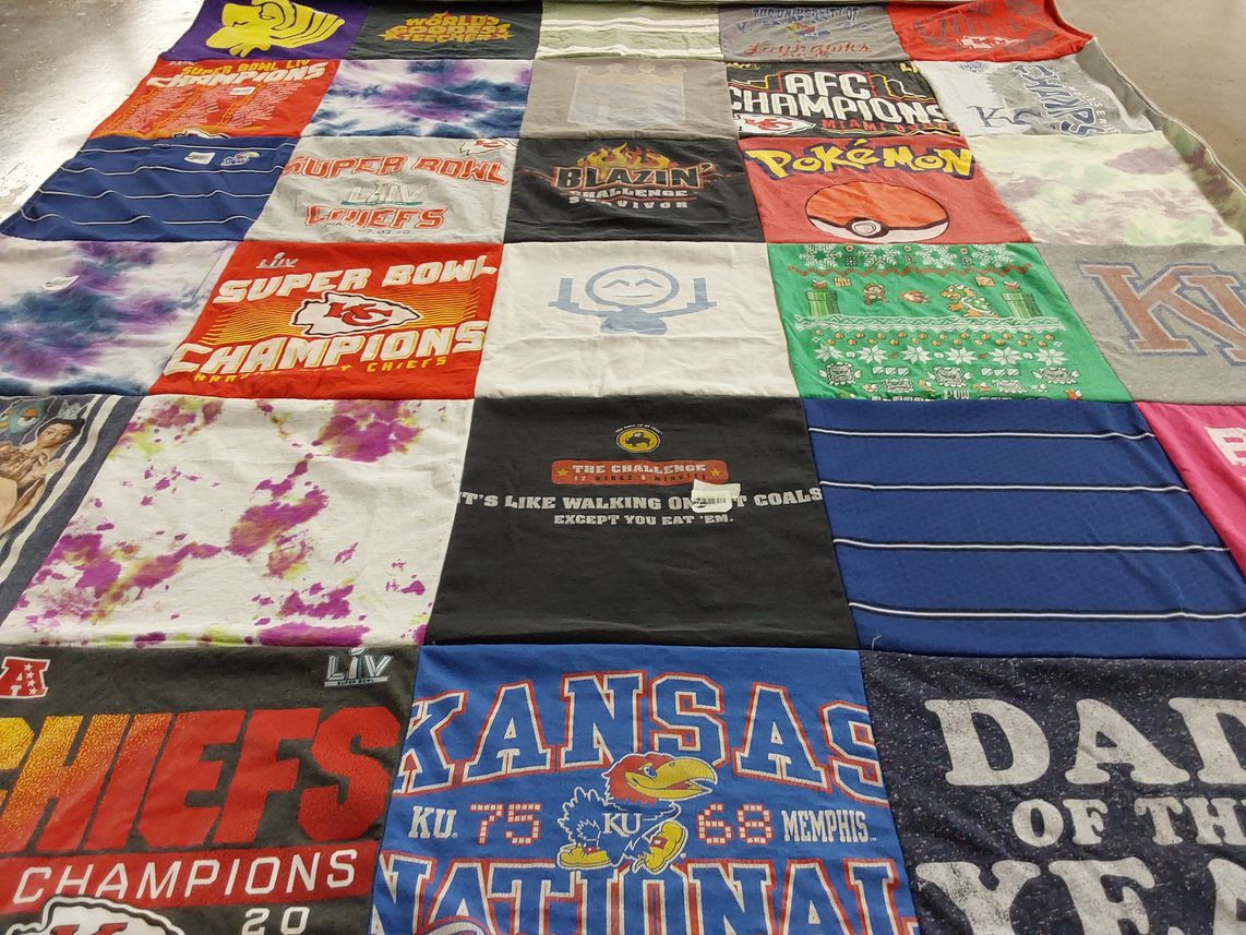 T-shirt quilt featuring kansas city chiefs, kansas jayhawks by Kymberly from KS