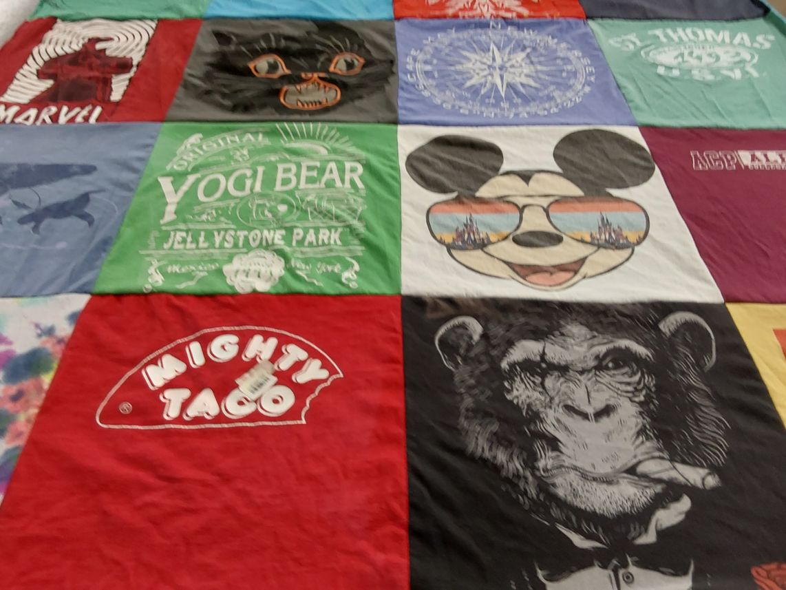 T-shirt quilt with cartoons, animals themes by Christine from NY