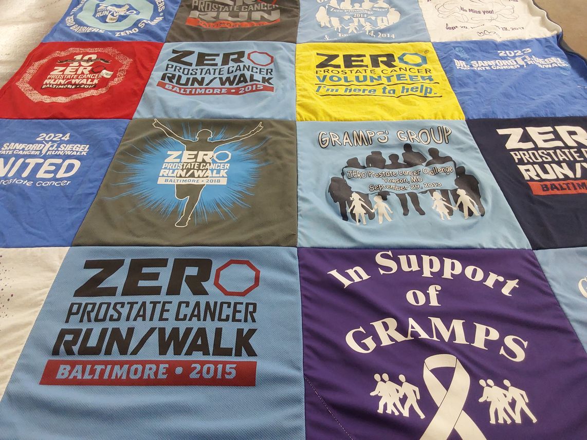 T-shirt quilt with prostate cancer awareness, charity themes by Jennifer from MD