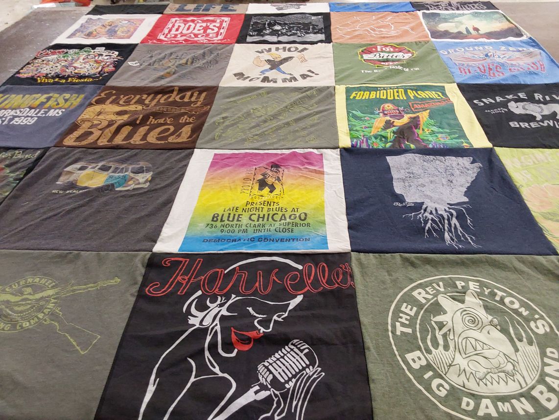 T-shirt quilt with music, blues themes by Mark from AR