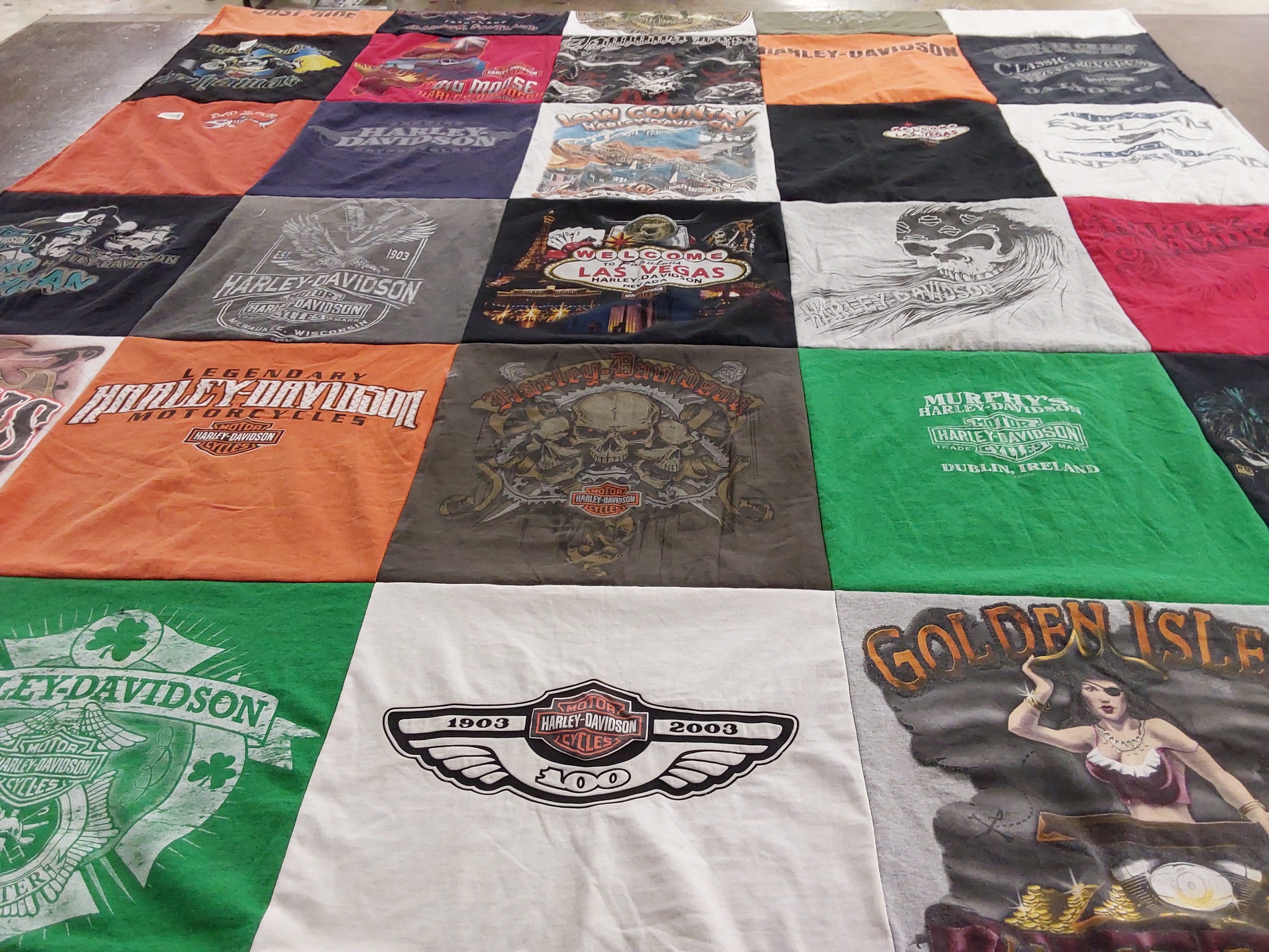 T-shirt quilt with motorcycling, travel themes by Samuel from SC