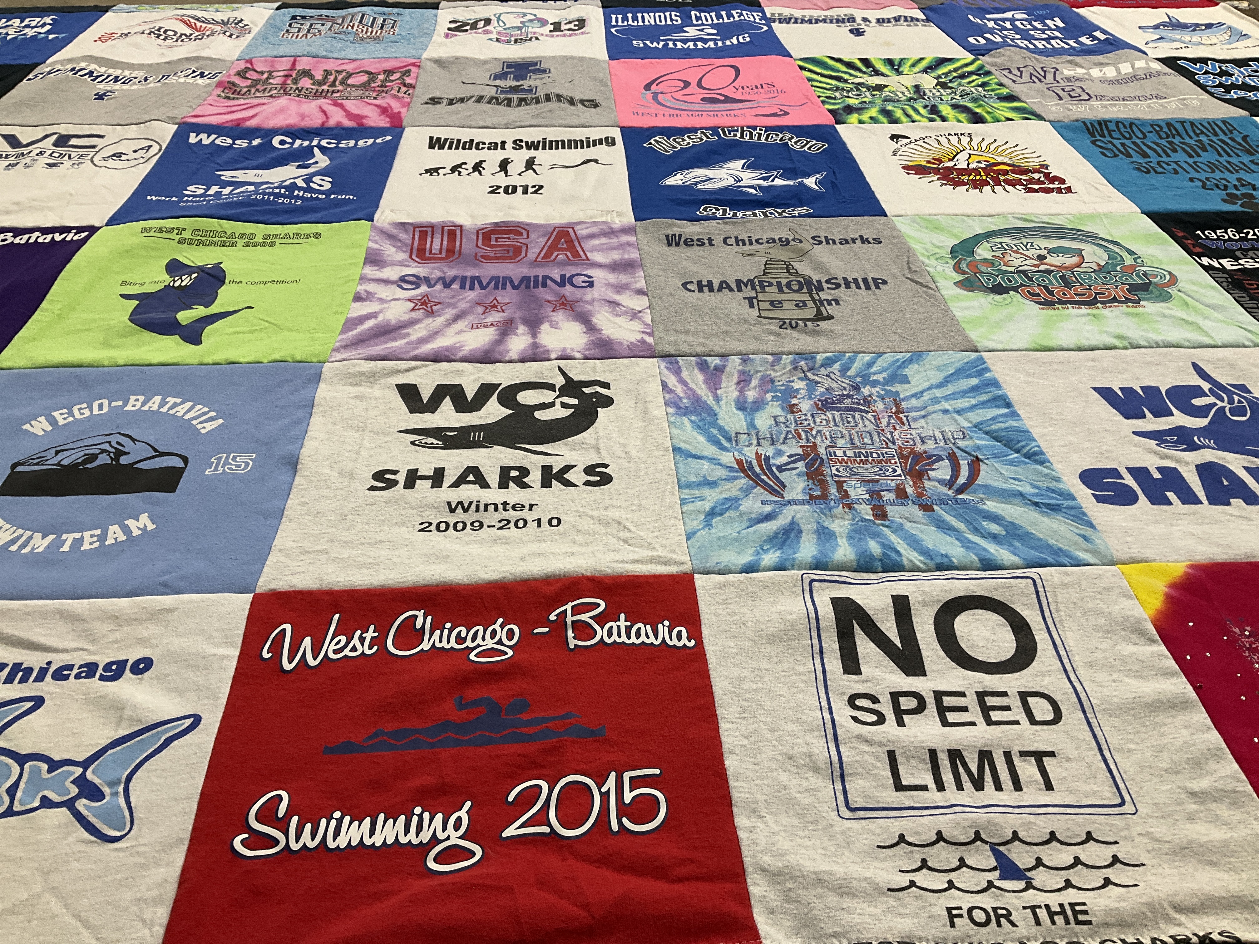 T-shirt quilt featuring west chicago sharks, wego-batavia swim team by Lindsay from IN