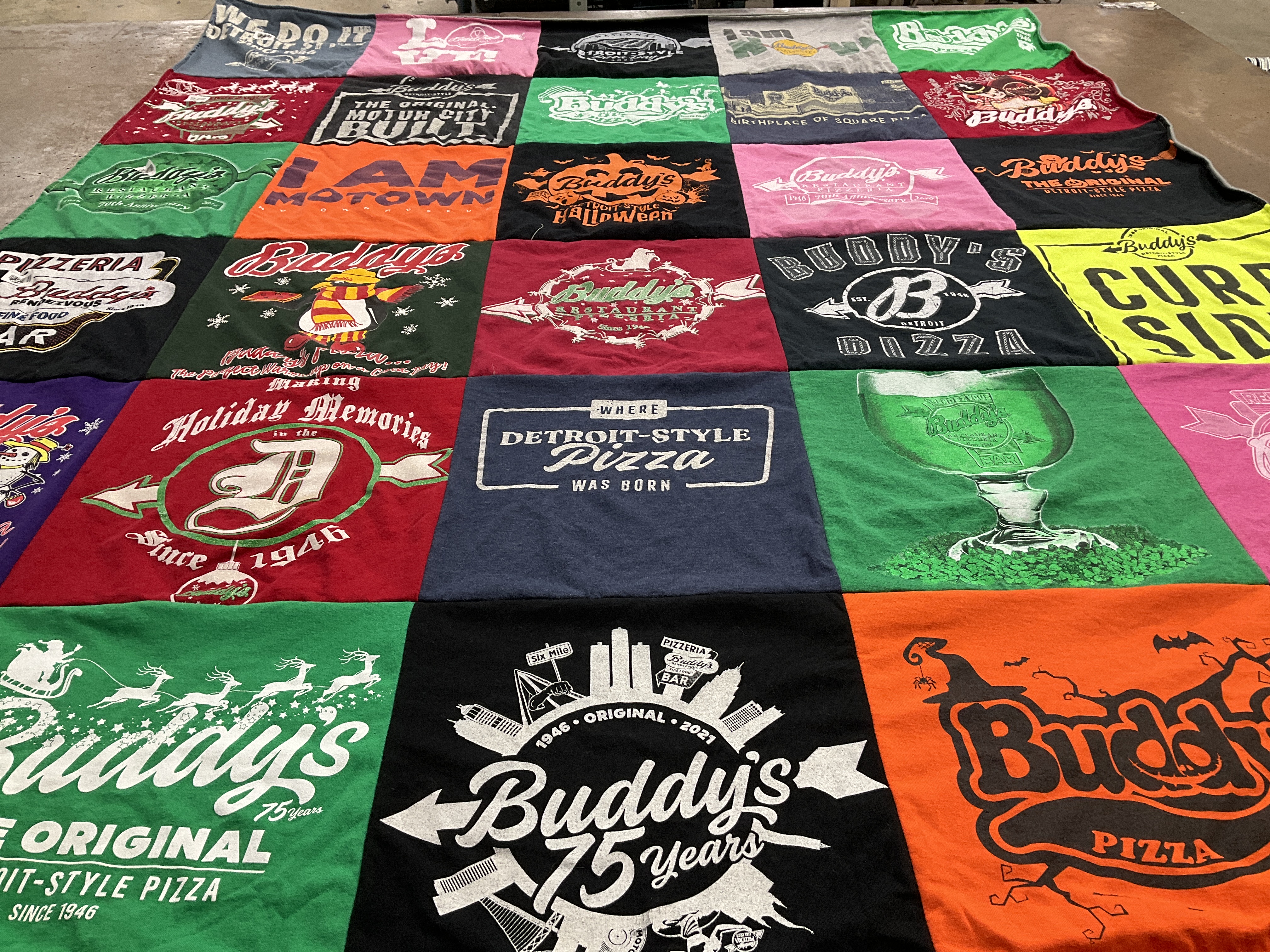 T-shirt quilt with food, pizza themes by Samantha from MI
