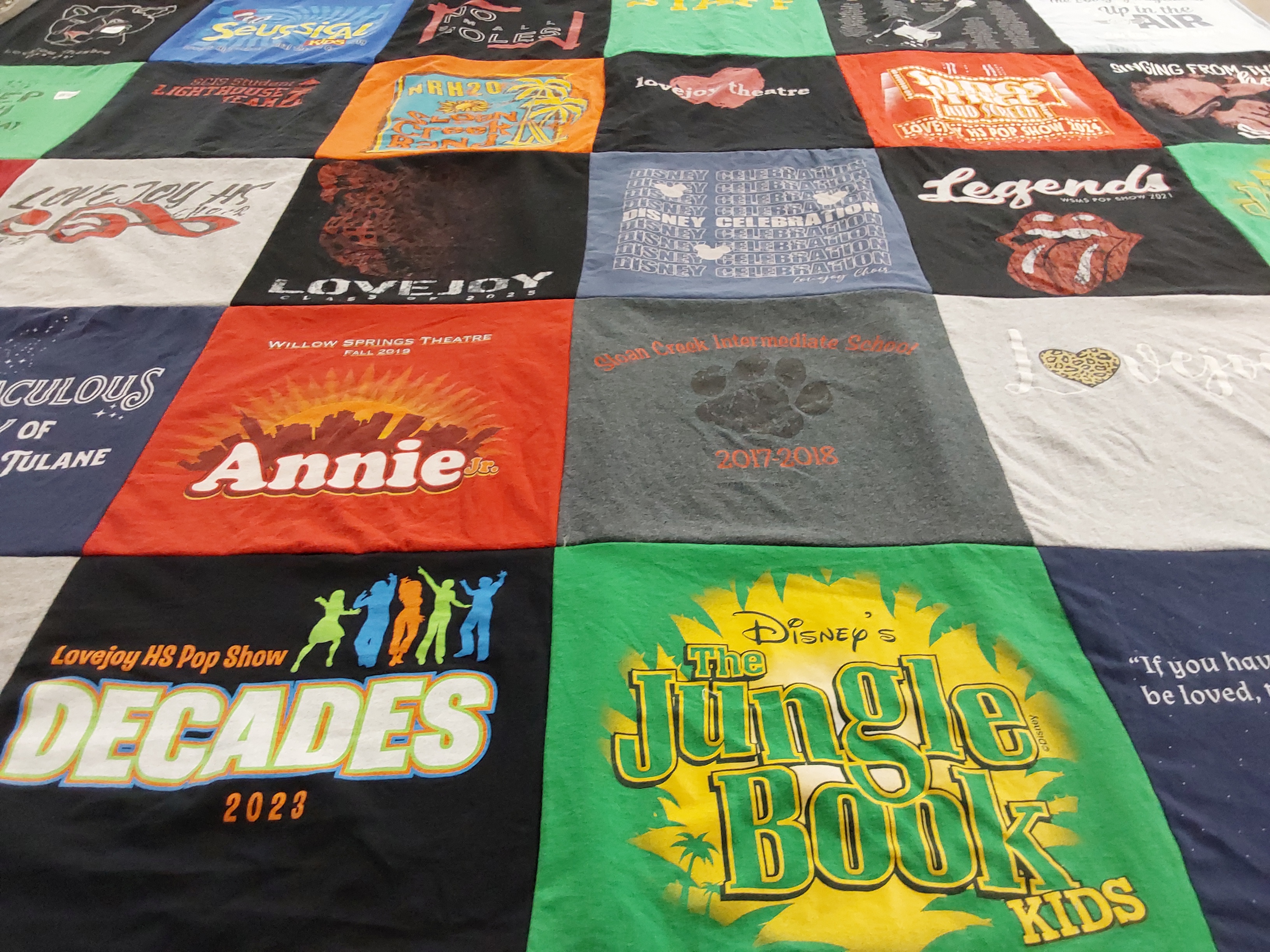 T-shirt quilt from lovejoy high school, willow springs intermediate school by Anna from TX