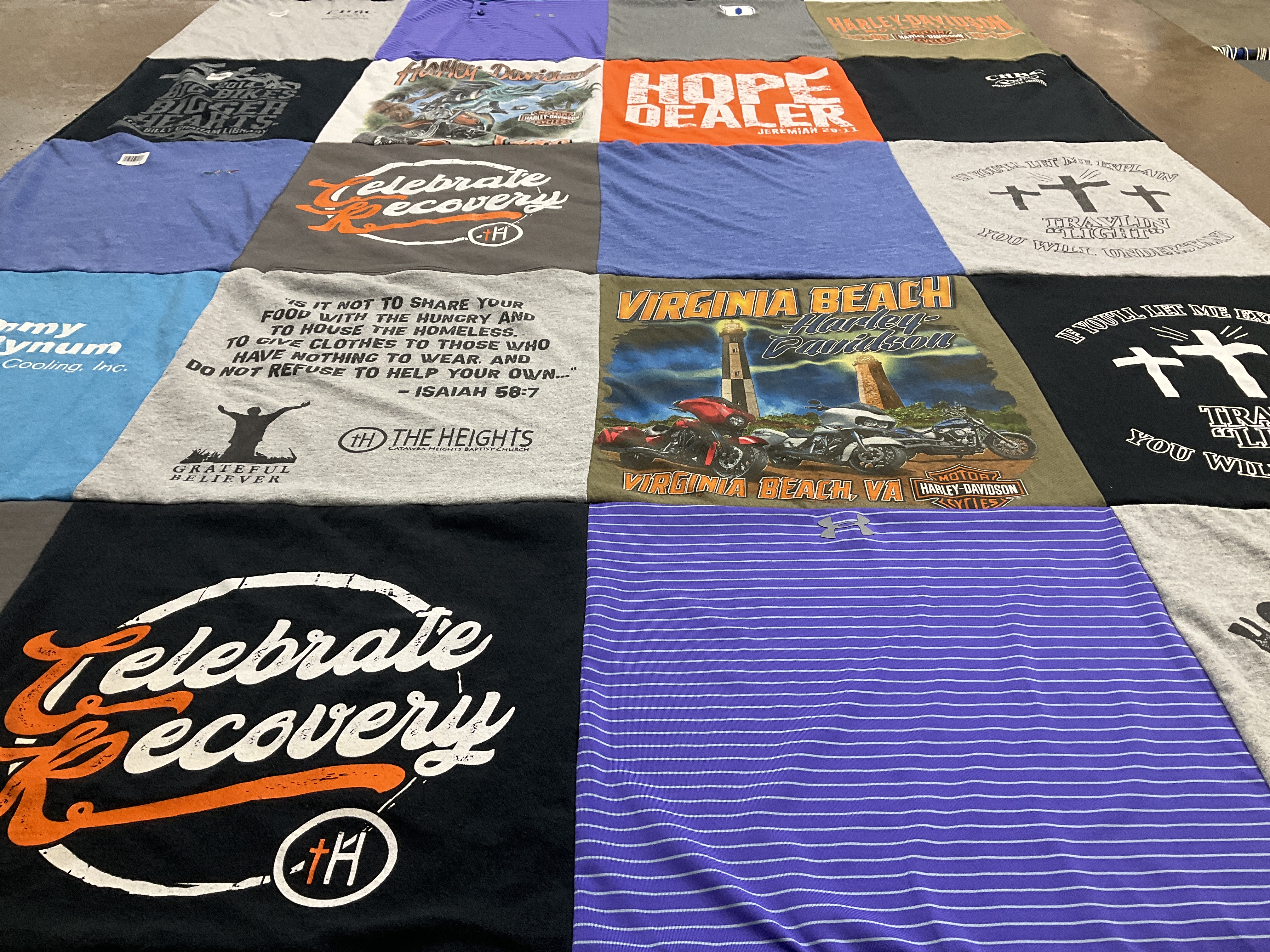 T-shirt quilt with motorcycles, recovery programs themes by Julie from NC