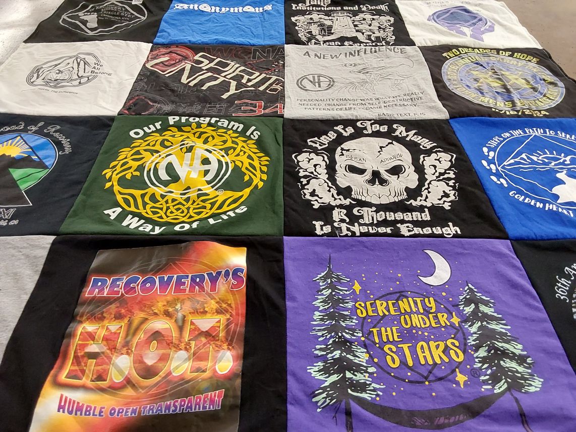 T-shirt quilt with recovery, narcotics anonymous themes by Patty from CA