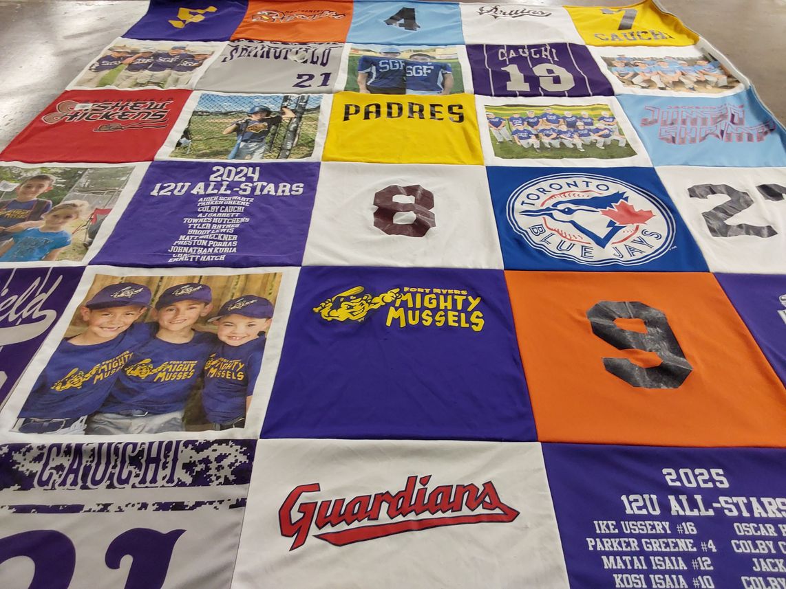 T-shirt quilt featuring fort myers mighty mussels, toronto blue jays by Angie from MO