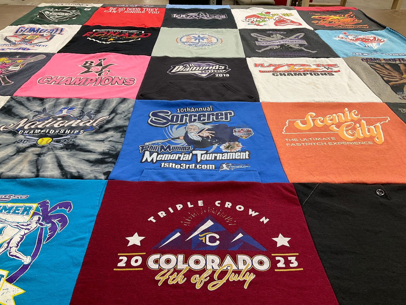 T-shirt quilt with softball, tournaments themes by Stacey from CA
