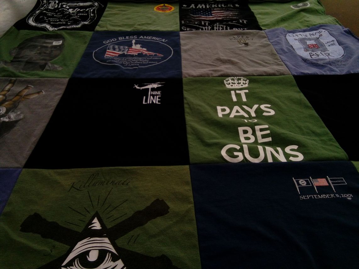 T-shirt quilt with patriotism, firearms themes by Rachael from MI