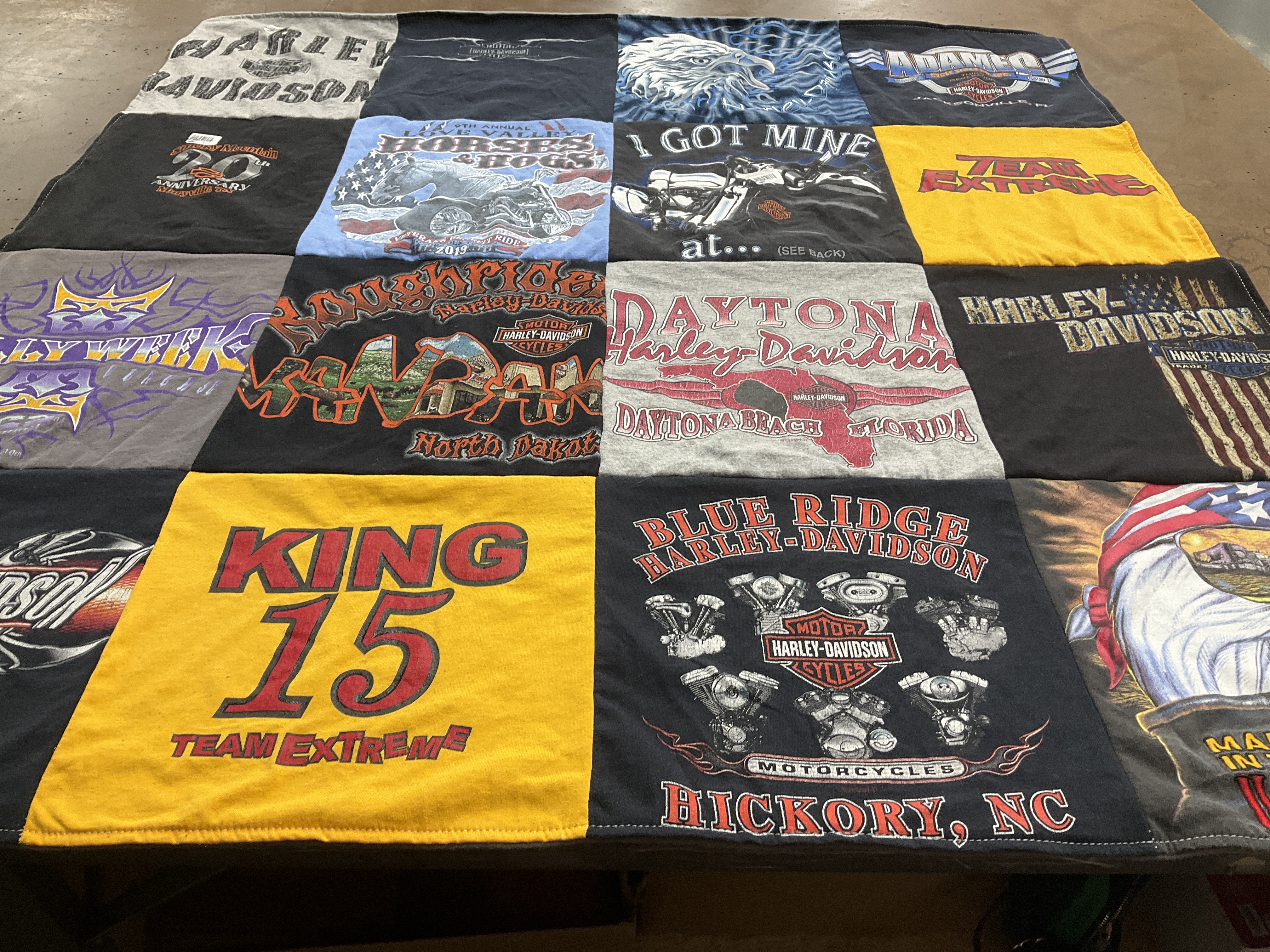 T-shirt quilt with motorcycles, rallies themes by Mary from NC