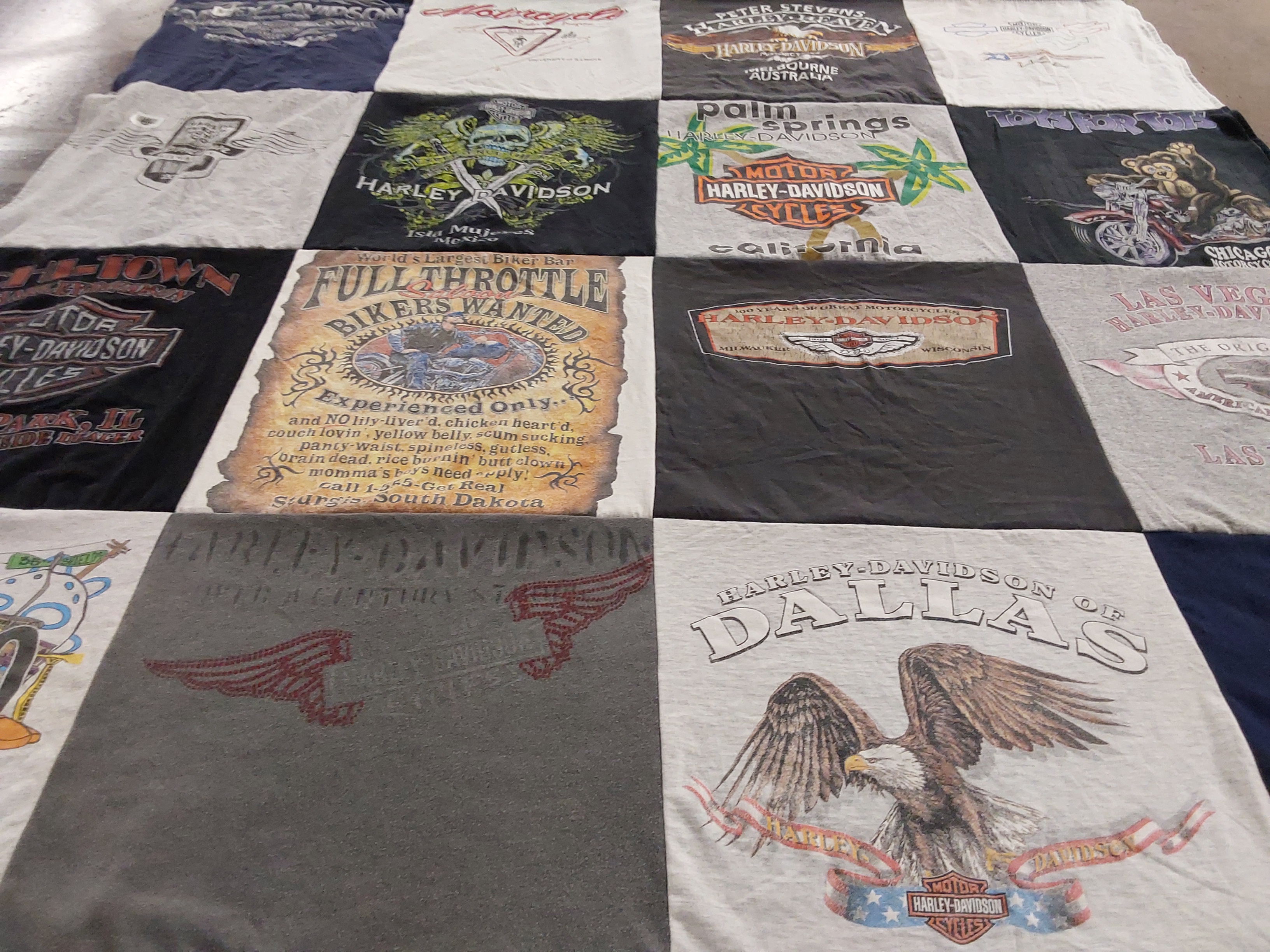 T-shirt quilt with motorcycles, biking themes by Lauren from IN